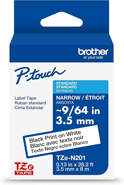 Brother Genuine TZe-N201 Black on White Non-Laminated Super-Narrow Tape for P-Touch Label Makers, 3.5 mm Wide x 8 m Long