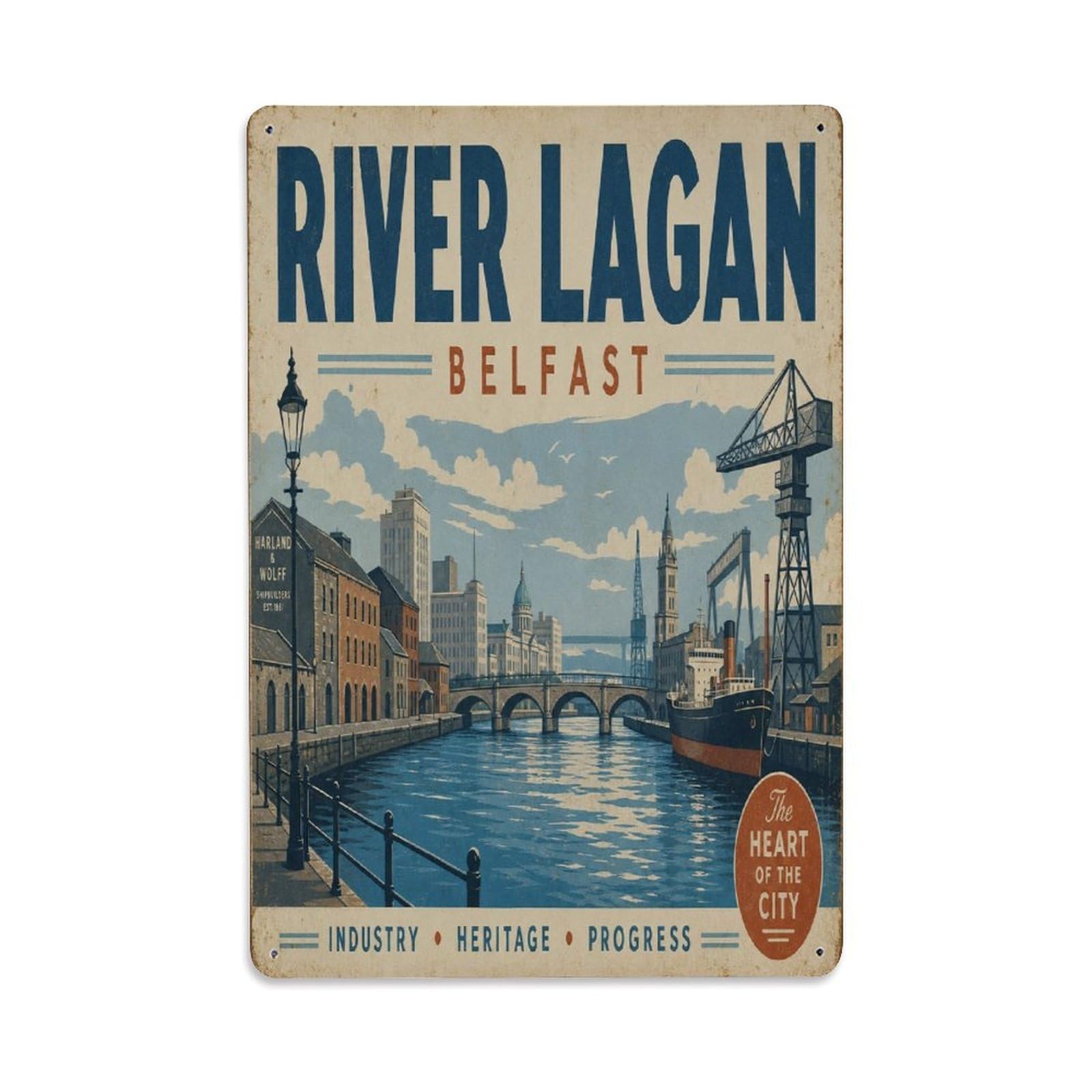 Belfast Northern Ireland Lagan River Waterfront Travel Metal Tin Sign Plaque Wall Decor for Cafe, Man Cave, Club Bar, Office, Home Garden Round Metal Poster 8x12Inch