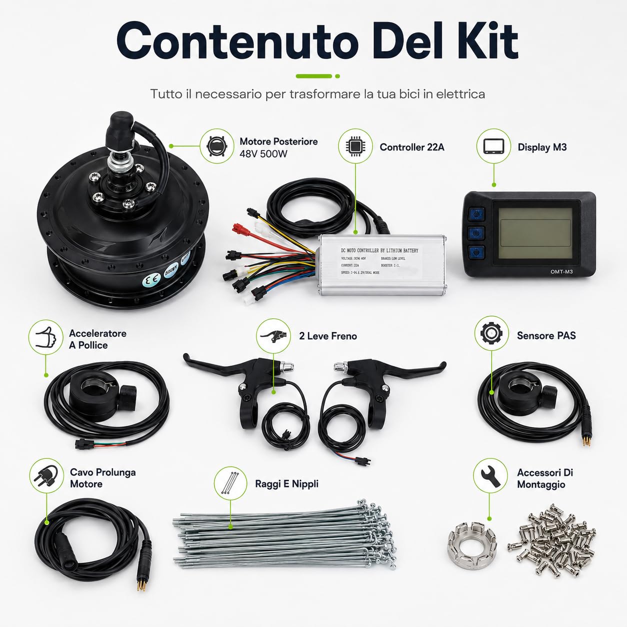 Kit conversione bici elettrica 48V 500W Motore posteriore M3 | Display Meter Controller, Shell in metallo, Kit completo fai da te, Per raggi delle ruote