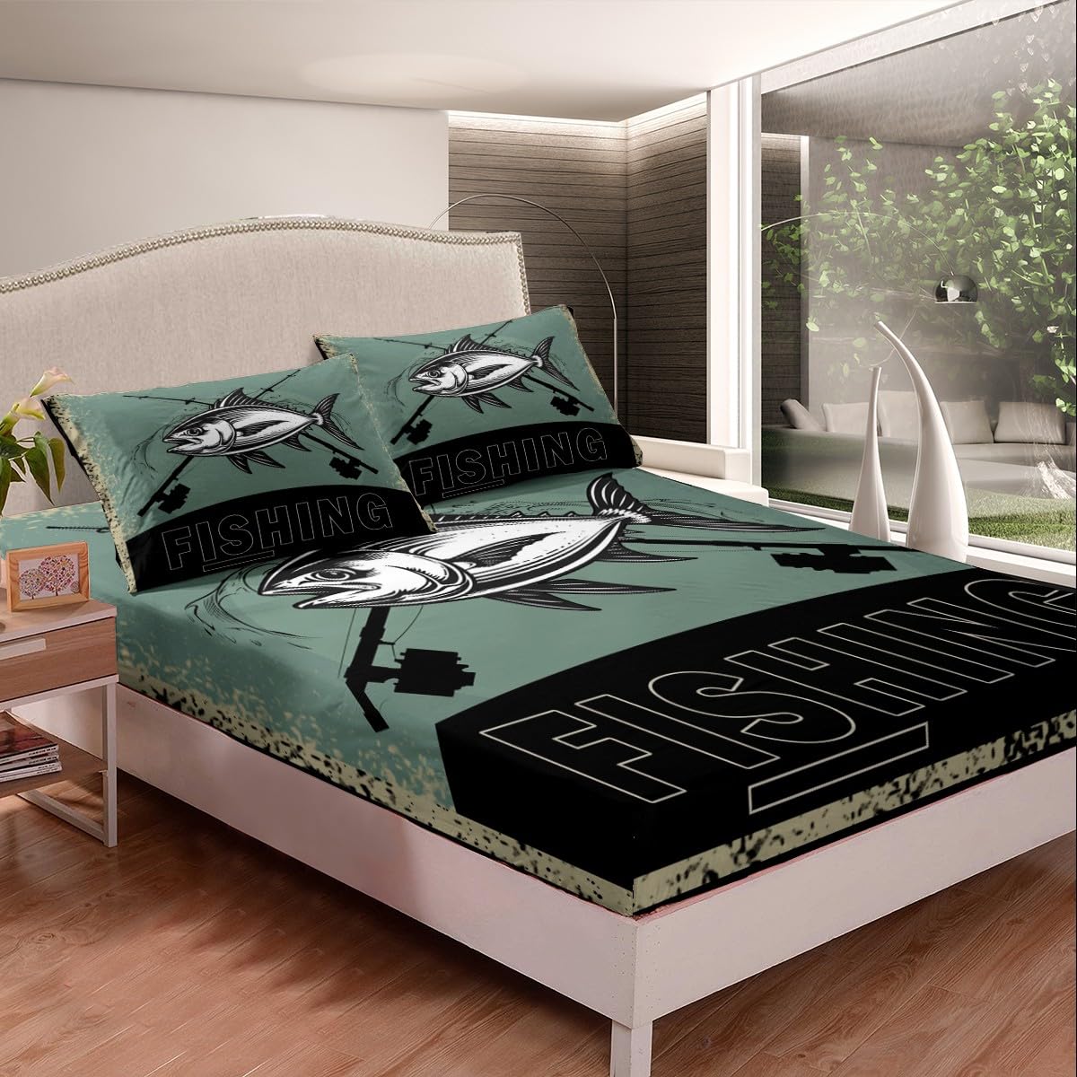 Big Pike Fish Bed Sheets Rustic Fishing Fitted Sheet for Kids Teens Boys Farmhouse Fishing Hooks Sheets Full,Vintage Patchwork Room Decor,Wooden Camo Bed Set,Green and Black