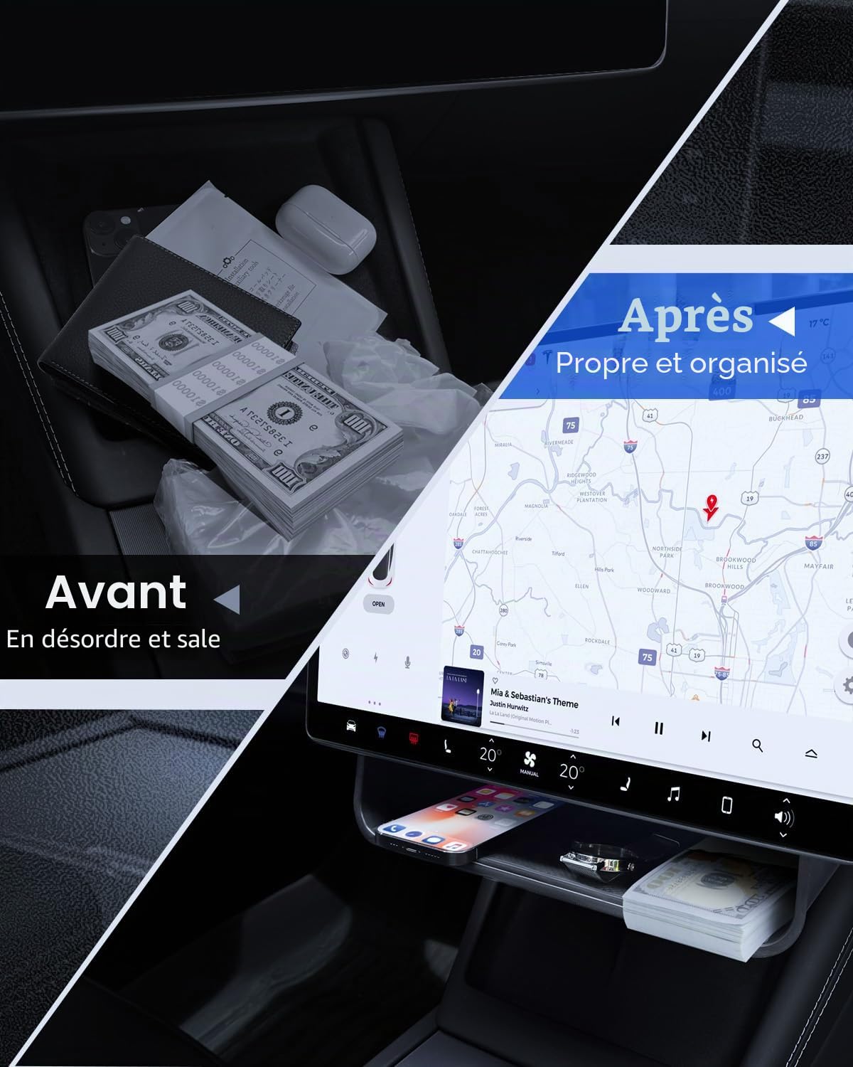 Organisateur sous l’Écran pour Tesla Model Y 2025 et Model 3 2024-2025 Boîte de Rangement Derrière l’Écran avec Tapis Antidérapant Tesla Juniper Highland Accessoires