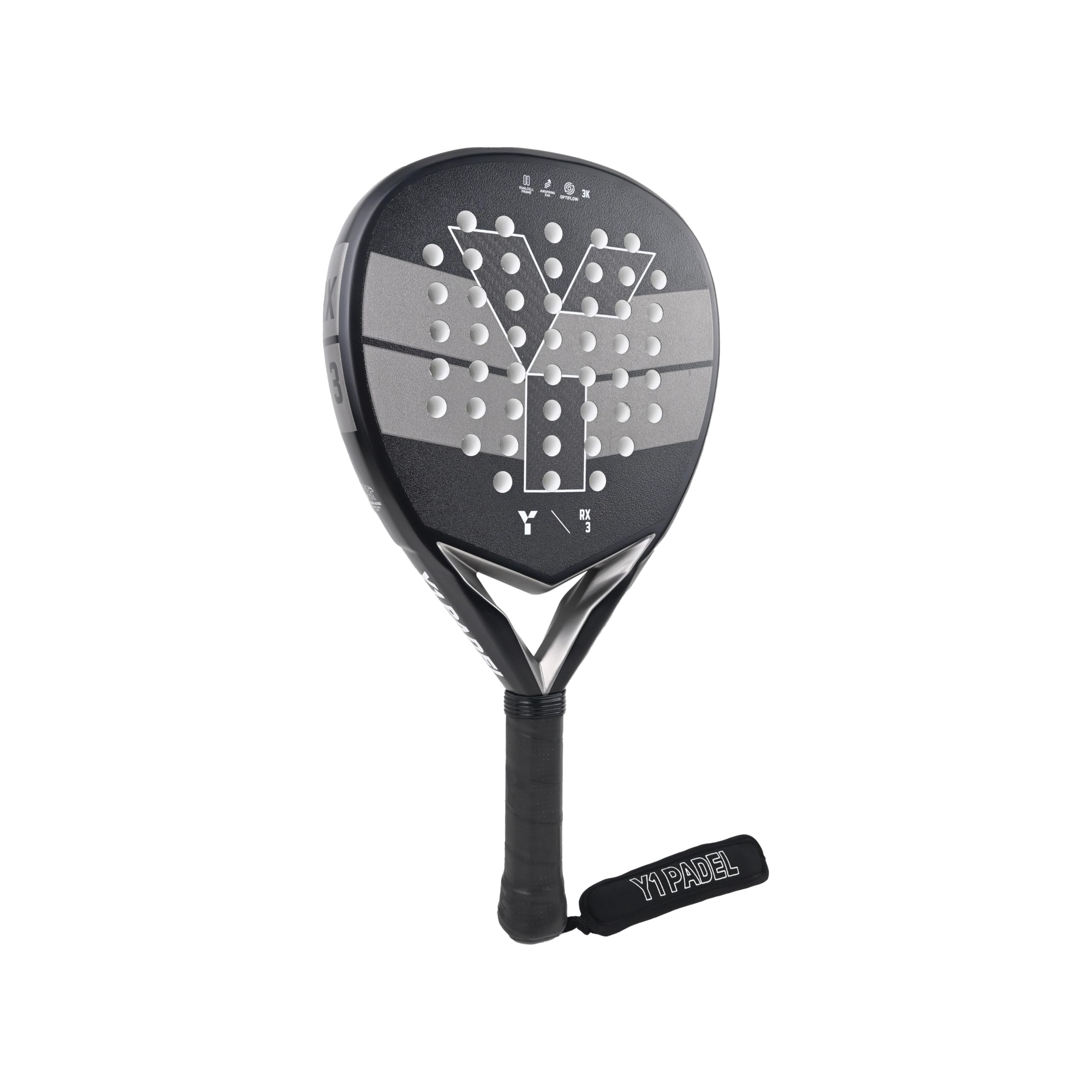 Y 1 racchetta da padel RX3 per giocatori principianti e intermedi - Bilanciamento medio alto a forma di goccia, faccia in twill di carbonio 3K, nucleo in EVA AirSpring (10-13), precisione di potenza