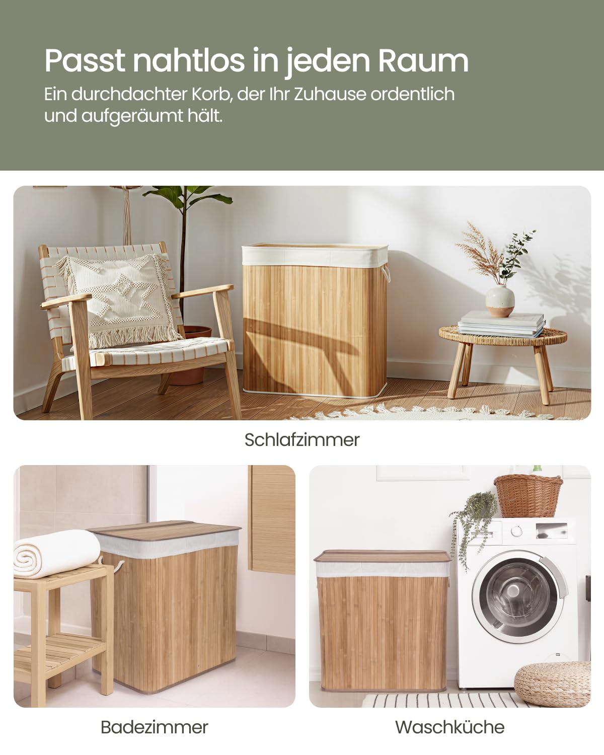 Cesto portabiancheria G21 150 L con divisori in bambù con cestello bianco