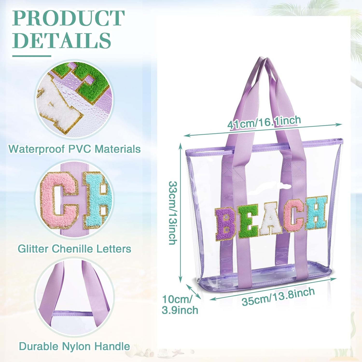 4 Pcs Chenille Letter Beach Tote Bag Waterproof PVC Preppy Bags with Nylon Handles Large Clear Beach Tote Bag Transparent Travel Stadium Tote for Women Summer Pool Party - Image 4