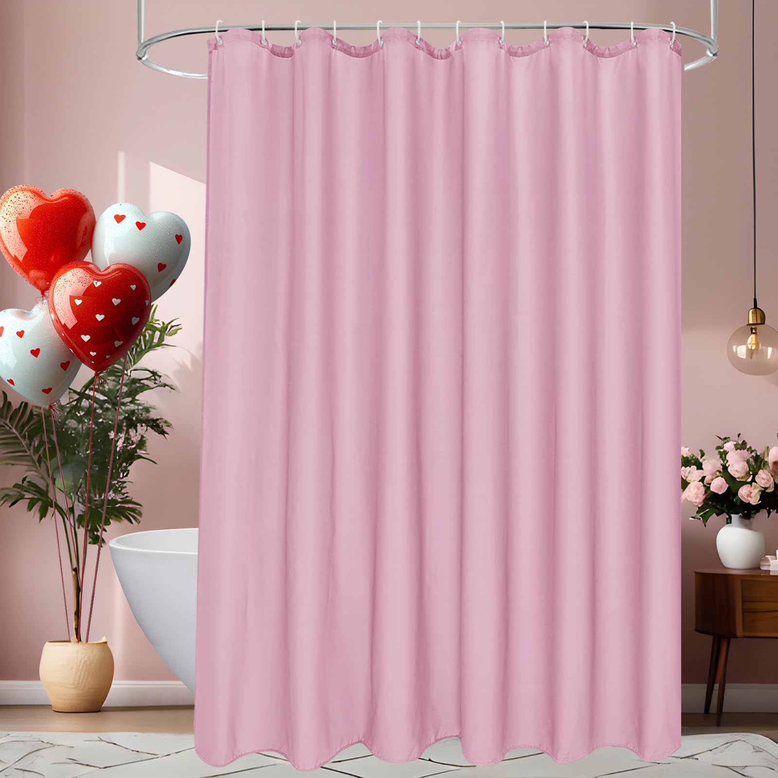 UFRIDAY Pink Fabric Extra Long Shower Curtain Liner 72 x 84 inches with 12 Hooks,Washable Fabric Shower Curtain for Bathroom Water Resistant Shower