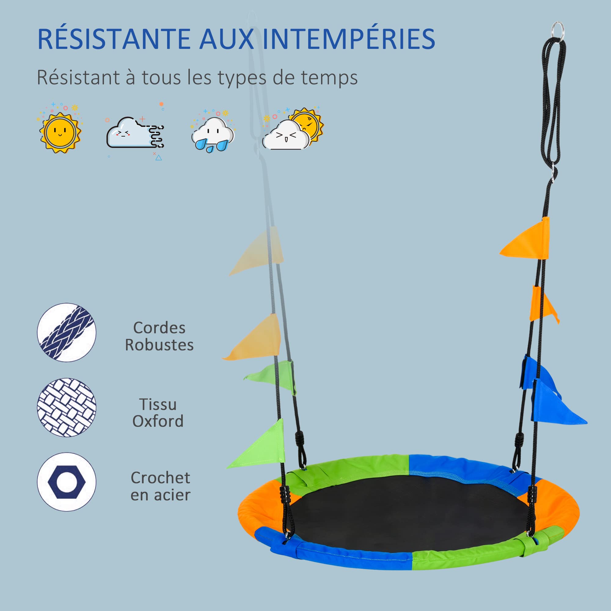 Outsunny Balançoire nid d'oiseau Ronde Ø 100 cm, Multicolore | Pour enfant et adulte, 2 anneaux, drapeaux inclus, poids max. 80 kg, métal époxy PP Oxford haute densité,