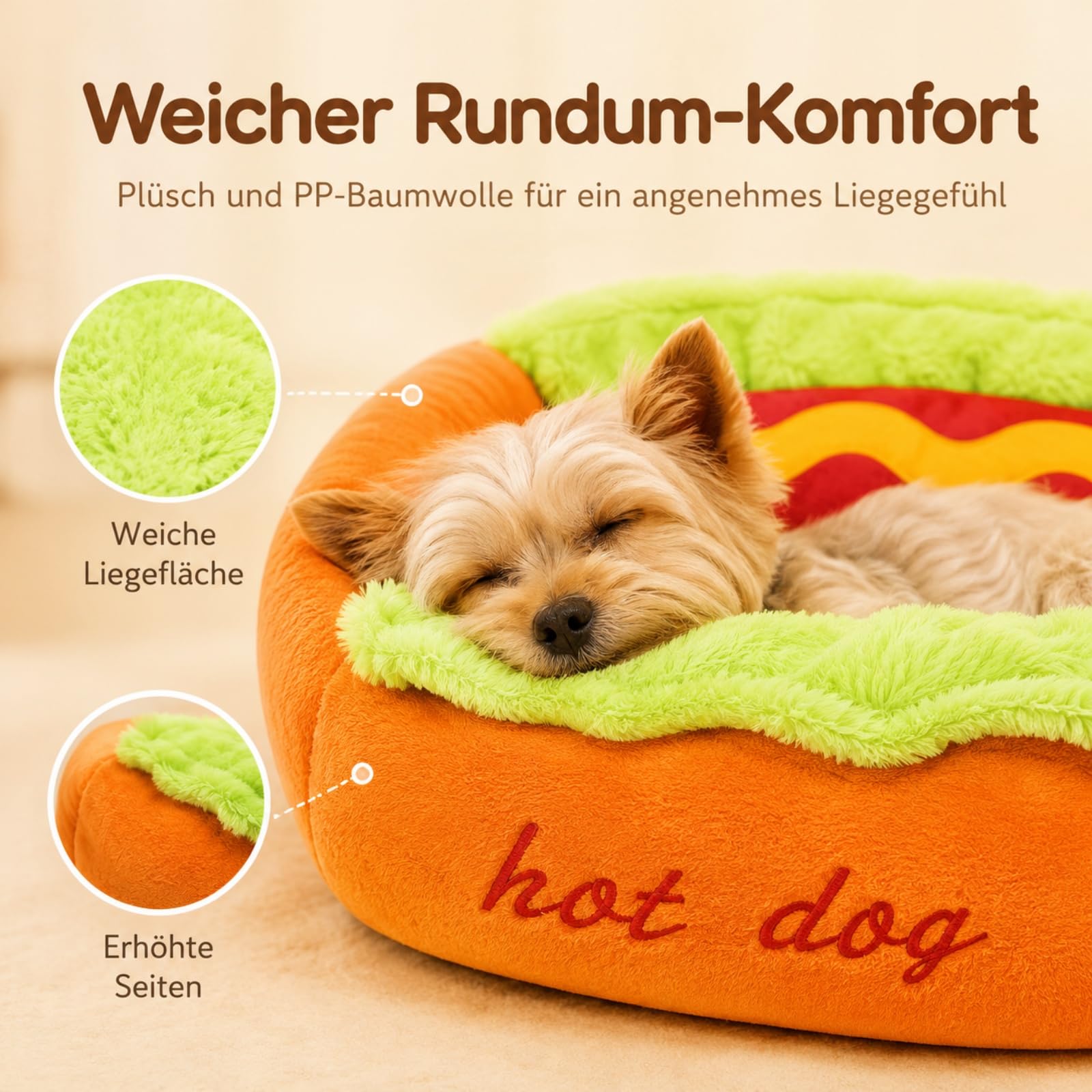 Generisch Hotdog Hundebett für kleine Haustiere, Hotdog Schlafplatz weich，M