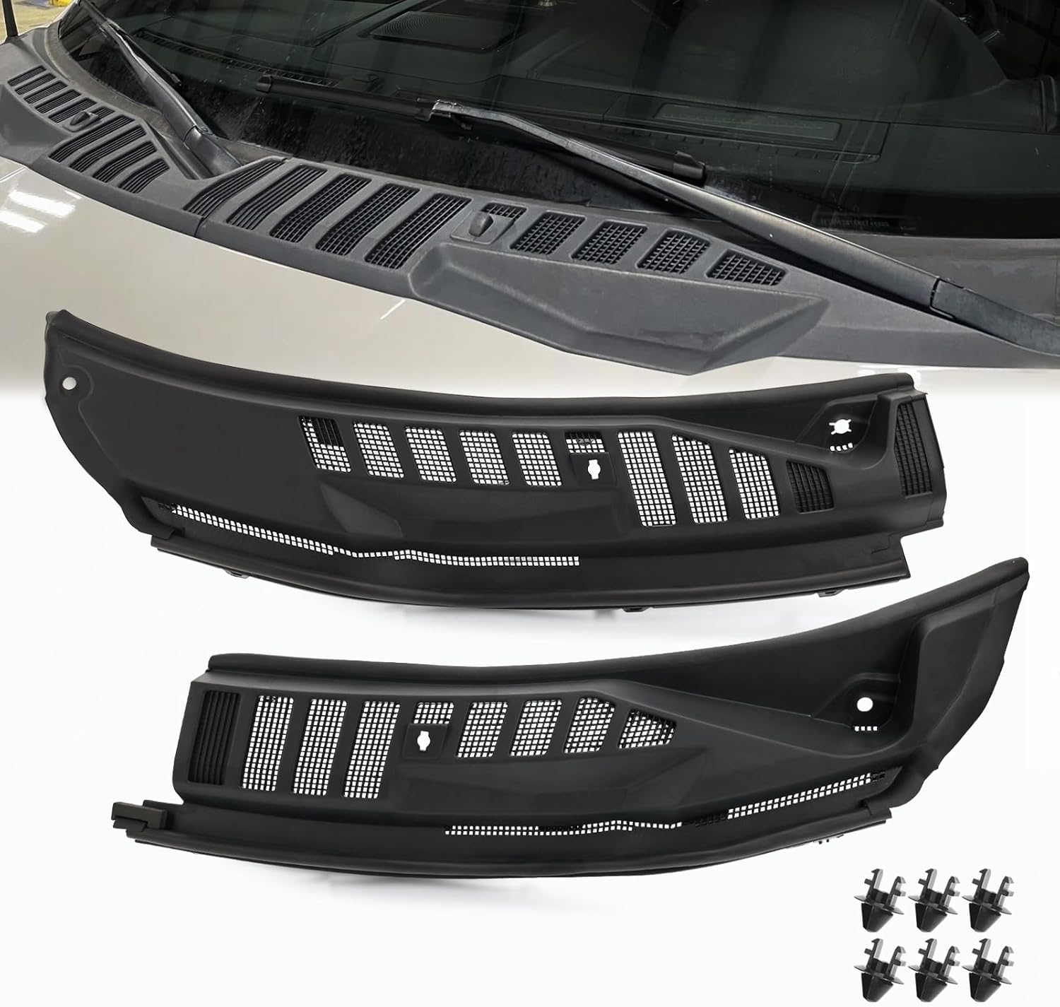 Windshield Wiper Cowl Cover Panel Grille Compatible with 2017-2022 Ford F250 F350 F450 F550 Super Duty, Left & Right Side Front Insert Panel with Clip, Replaces#HC3Z-25022A68-AA(Without Nozzles Hoses) 2017-2022 F250 F350 F450 F550