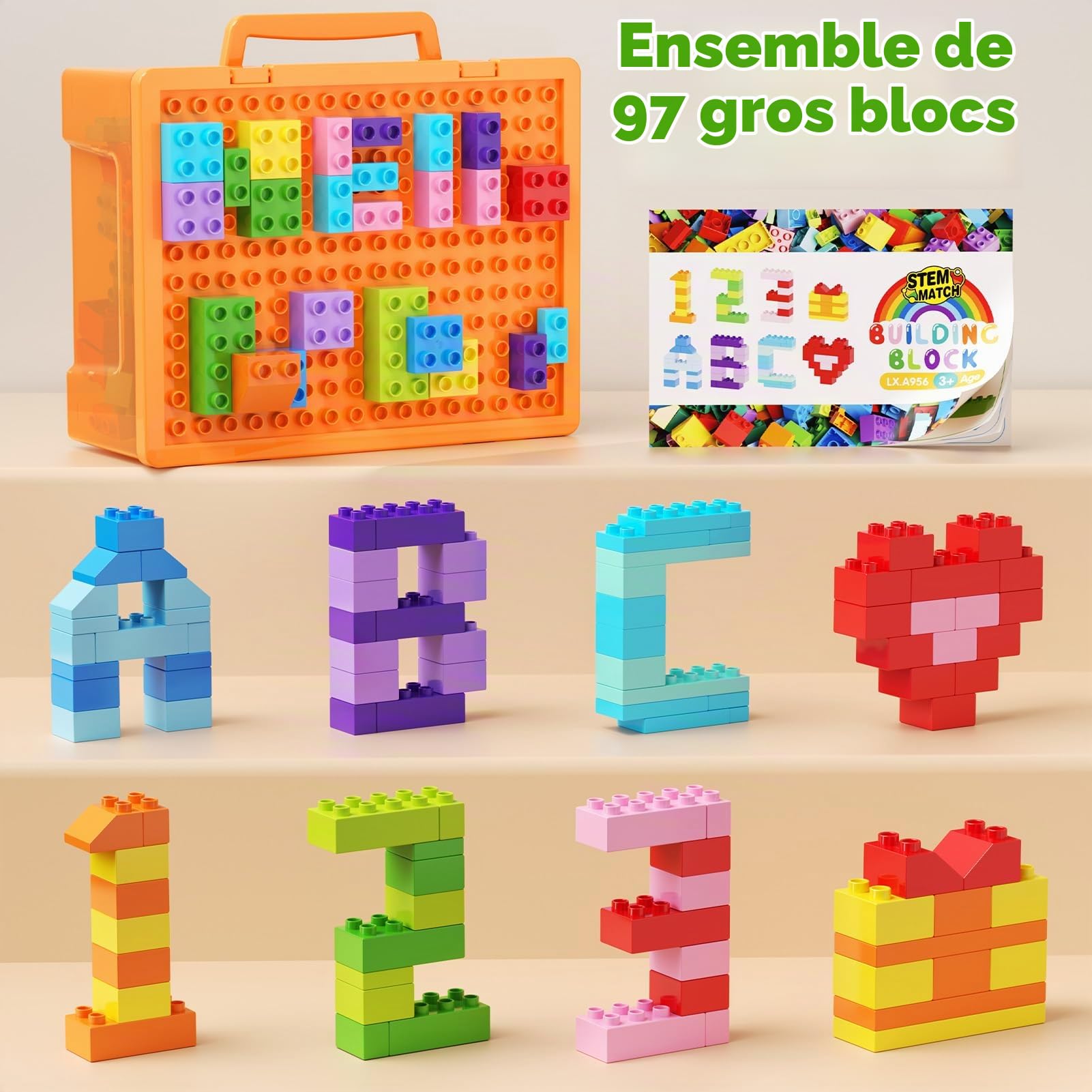 Blocs de Construction pour Enfants en Bas âge, 97 Blocs de Construction Classiques colorés, Jouets éducatifs pour Les Enfants en Bas âge de 3+