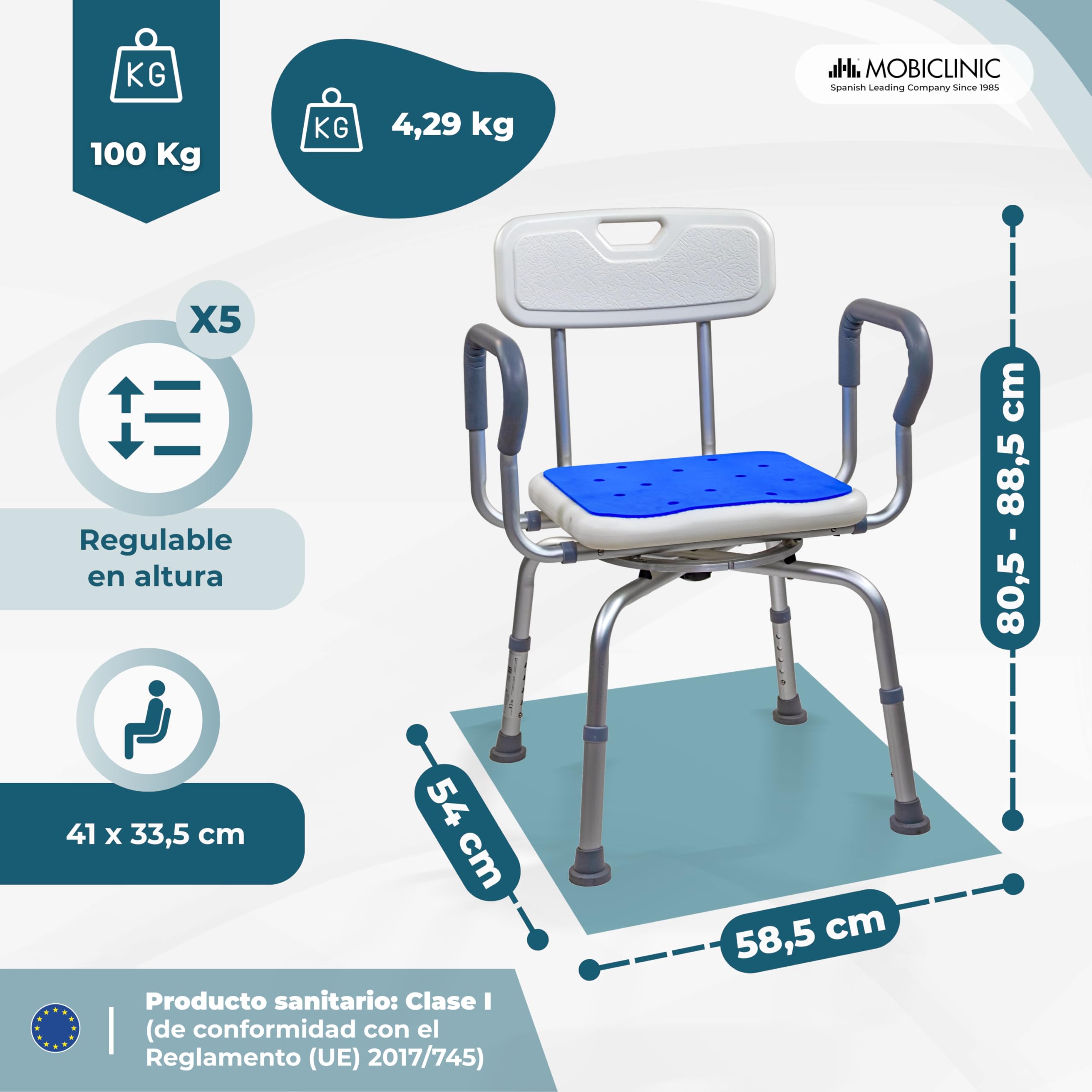 Mobiclinic®, Silla de Baño Giratoria 360°, Apoyabrazos y Respaldo, Altura Regulable, Asiento con Almohadilla EVA, Conteras Antideslizantes, Aluminio, para Mayores, Movilidad Reducida, Akila