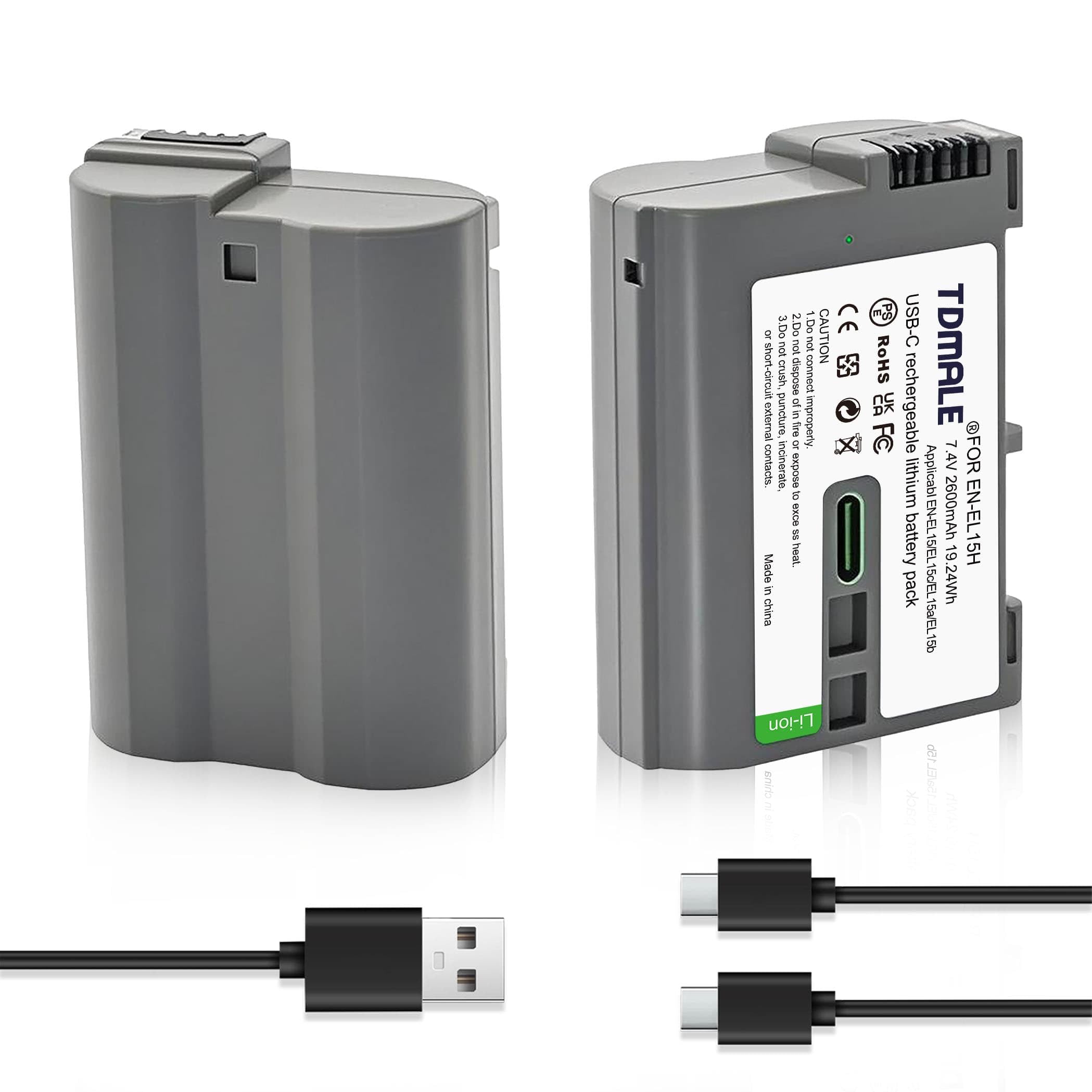 2-Pack 2600mAh High Capacity Replacement Battery for EN-EL15/EN-EL15B/EN-EL15C with Type-C Direct Charging Port Compatible with Nikon EN-EL15 Z6 Z7 Z6iii Z7ii Zf D500 D7000 D800 D850 Camera