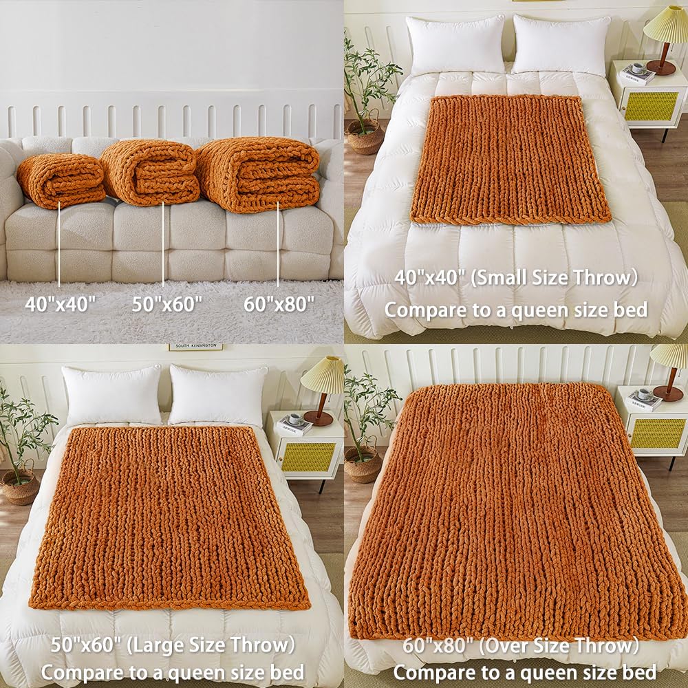 WESHIONGOO Chunky Knit Blanket Throw 40"×40" Knitted Throw Blankets for Couch Bed Fall Throw Blanket Fluffy Soft Blanket with Jumbo Chenille Yarn Thick 100% Handmade (Burnt Orange) - Image 4