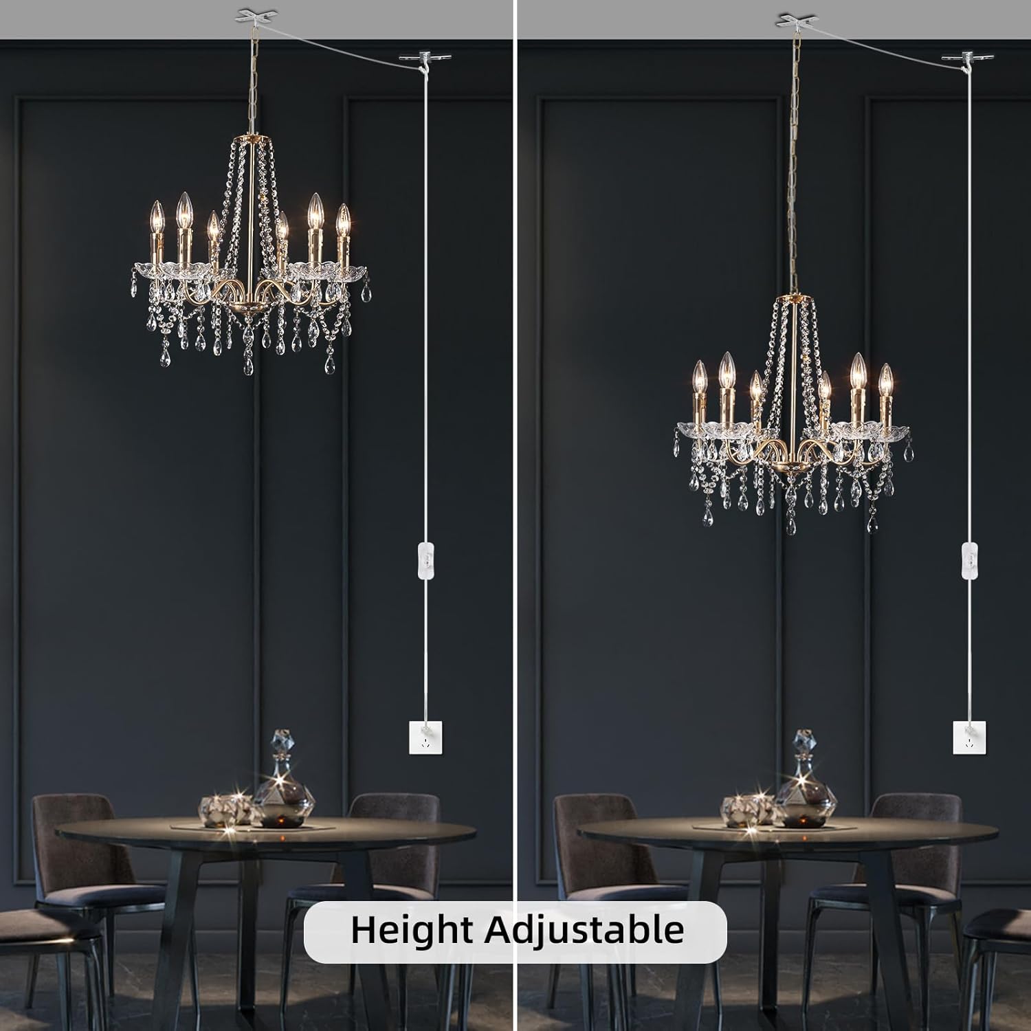 Crystal Plug in Chandelier Lighting with Long Cord, 6 Lights Gold French Country Plug in Pendant Light Modern Hanging Chandeliers for Dining Room Kitchen Bedroom Living Room