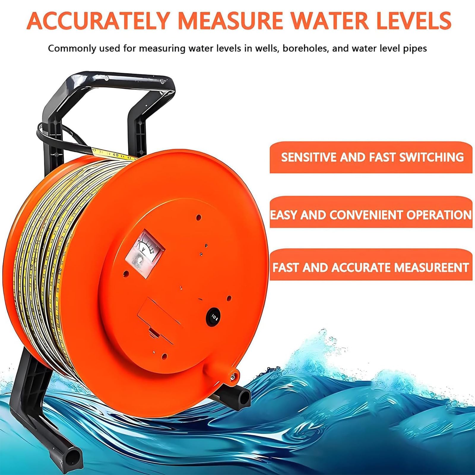 Medidor de nivel de agua con sonda de acero inoxidable y cinta, medidor de profundidad con voltímetro y alerta de zumbador para pozos, pozos, depósitos