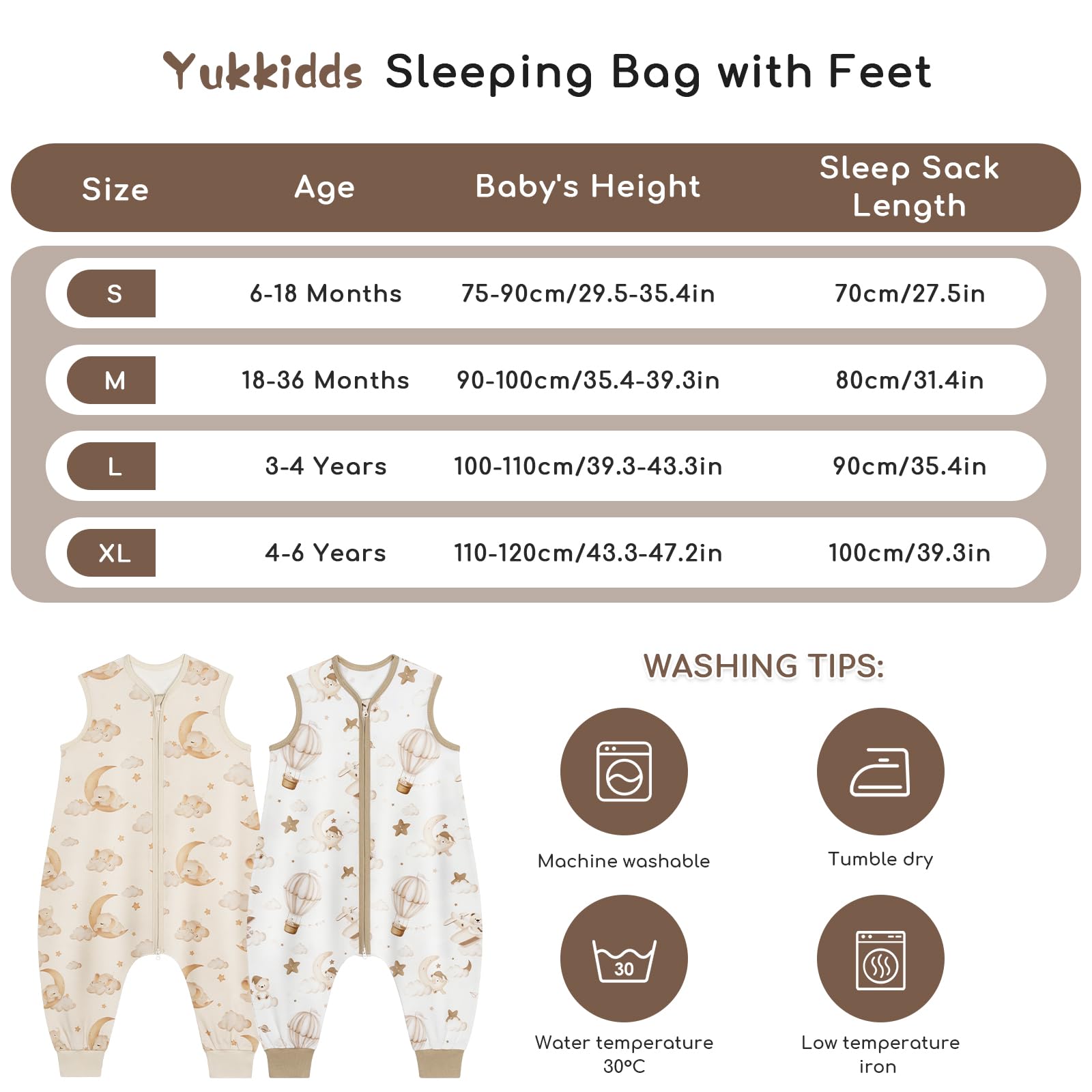 Gigoteuse d'Été Bébé avec Pieds 0.5 TOG 100% Coton, 18-36 Mois, Lot de 2 Gigoteuses à Jambes, Gigoteuse Été Respirante pour Garçon Fille, 80 cm Ballon Marron