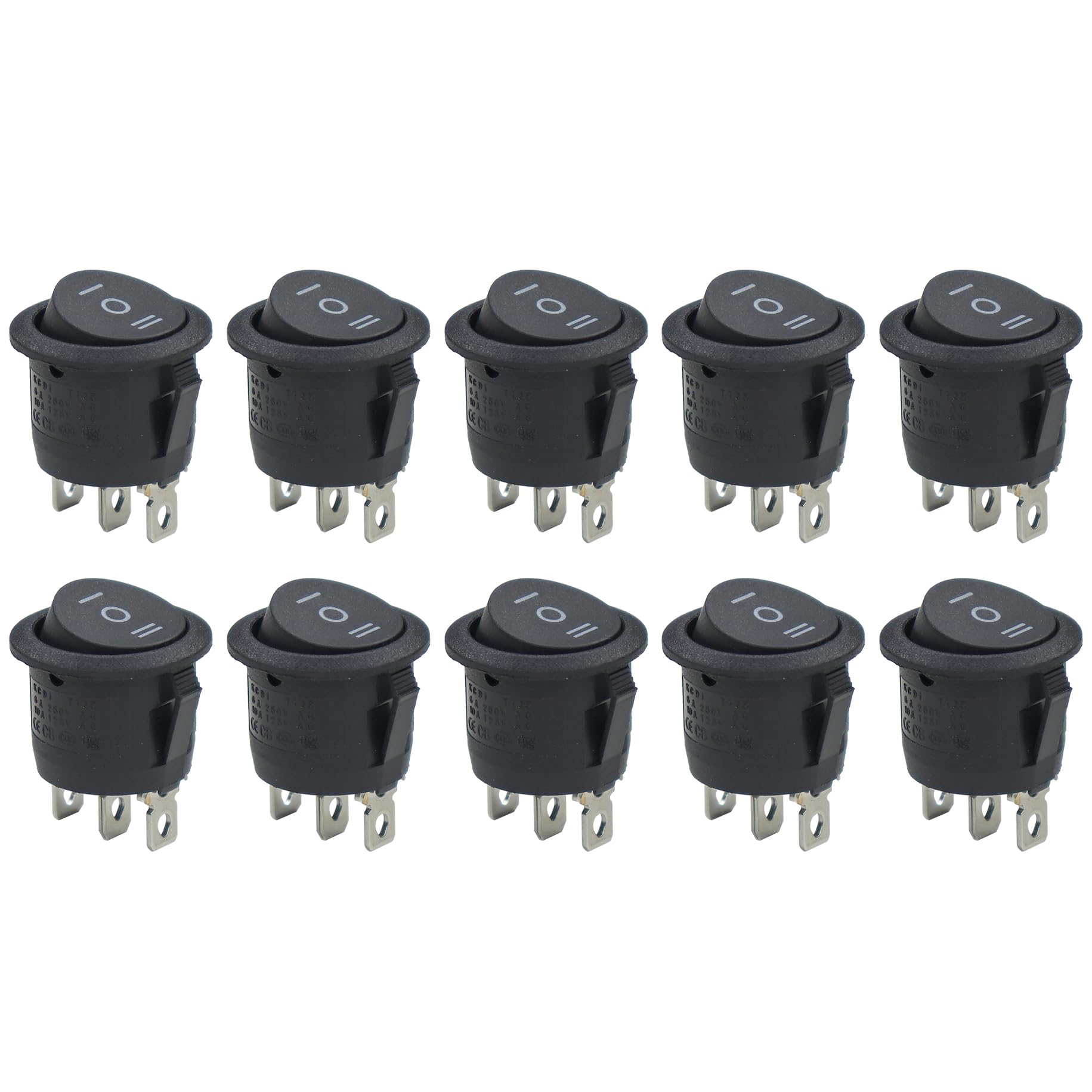 KCD1 6A 250V AC ON-OFF-ON SPDT Round Shape 3 pin Rocker Switch (Black) (Pack of 10)