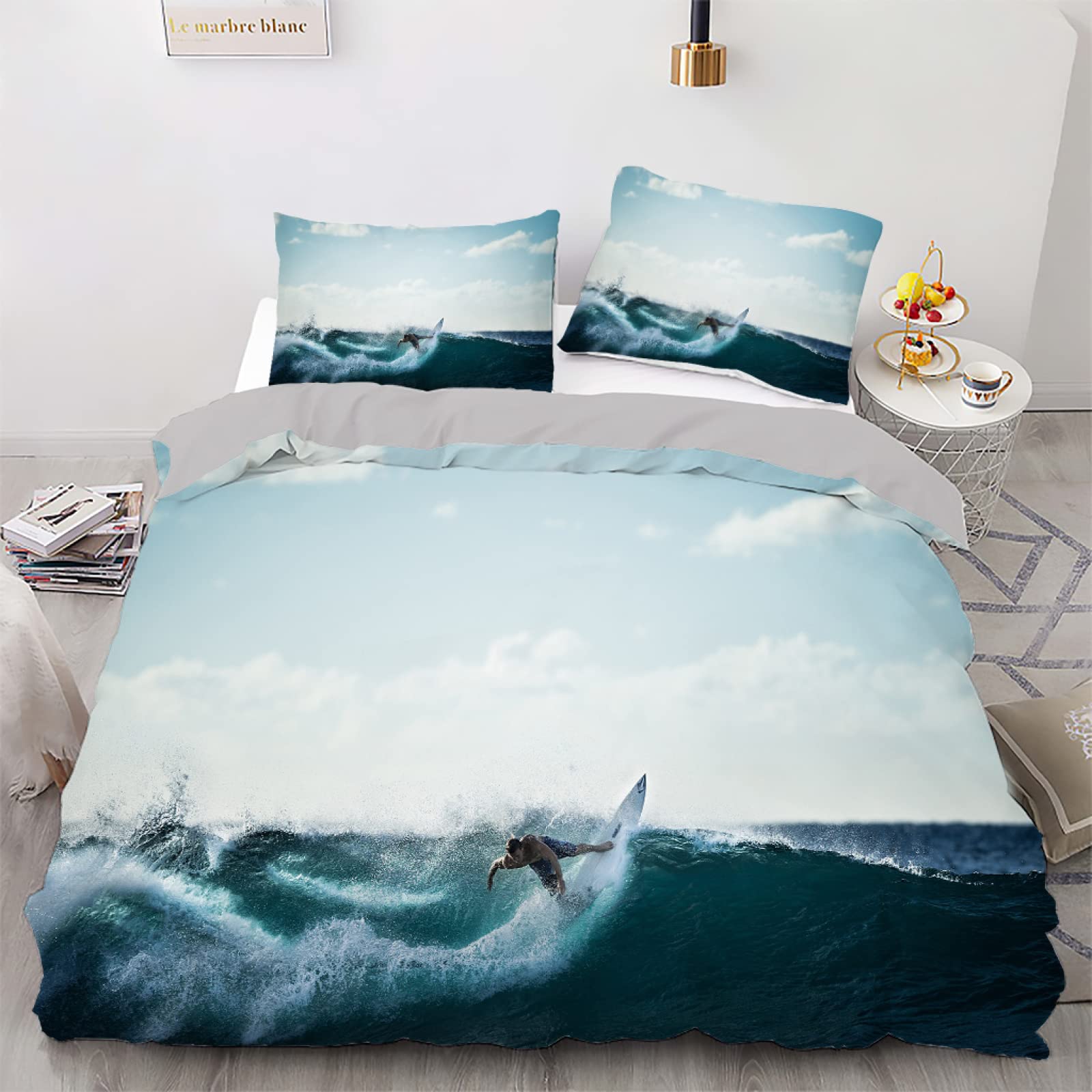 Housse de couette 220x240 anti-plis en microfibre bleu 110g/㎡