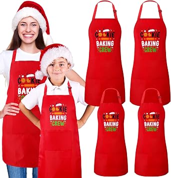 Suhine 4 Pack Christmas Aprons Adults Red Christmas Kitchen Cooking Baking Cookie Crew Matching Aprons with Pockets Cute Adjustable BBQ Bib Funny Holiday Chef Apron Gift for Xmas Party Decorations