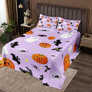 Manfei Cute Ghosts Bedspread Queen Size, Halloween Pumpkin Lantern Quilted Coverlet with 2 Pillowcases, Black Bat Spider Coverlet Set 3pcs for Kids Girls Room Decor, Soft Polyester Bedding Quilt