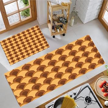 Retro Geometry Kitchen Mat Set of 2 Pcs, Non Slip Kitchen Rug Orange Brown, Mid-Century Aesthetics Washable Absorbent Floor Mat Runner Rug, Cushioned Standing Mats 20"X30"+20"X59"