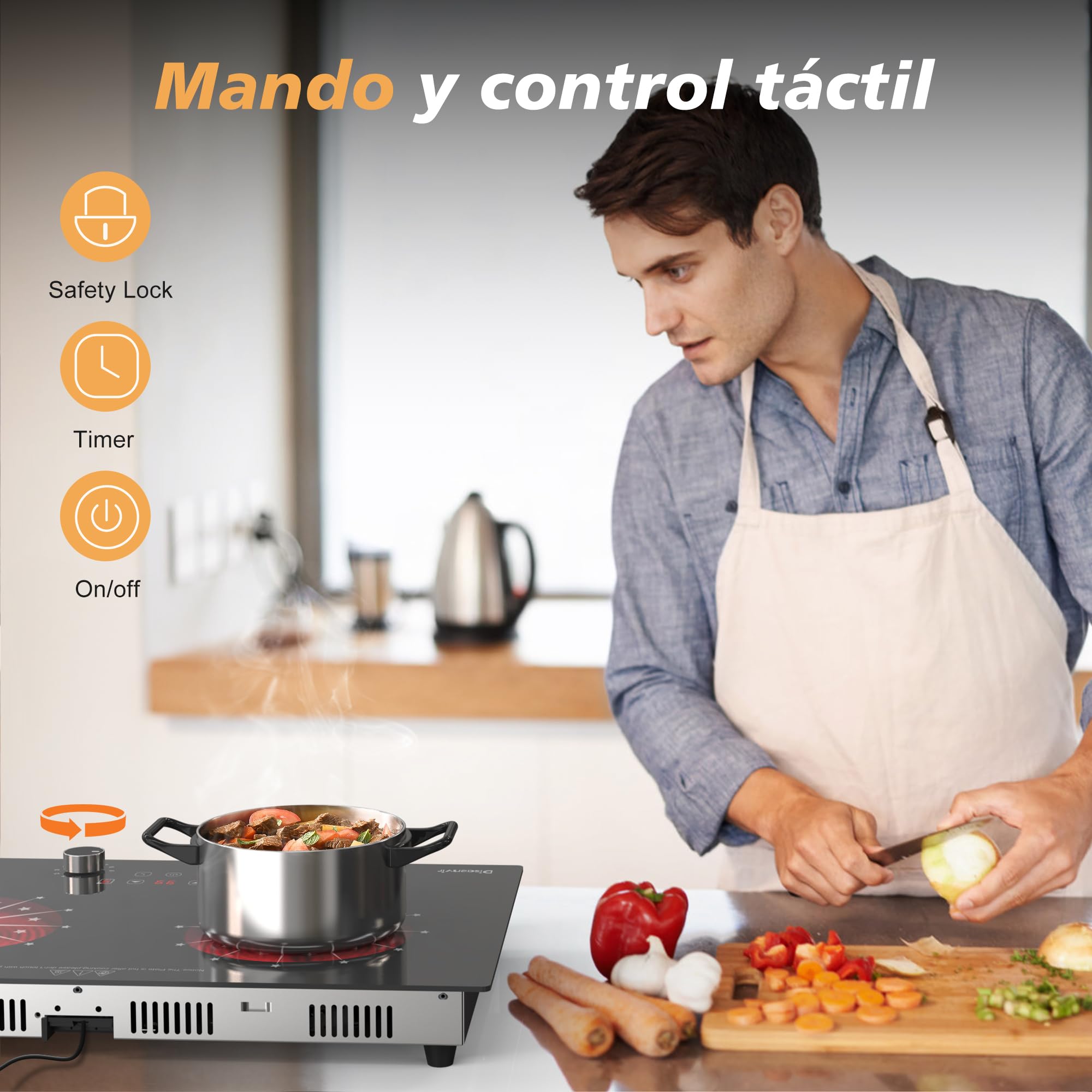 Placa Vitroceramica 2 Fuegos 30cm 3200W, Vitroceramica Induccion con Enchufe de 230v, Placa Electrica Cocina con Perillas, 9 Puestos, Control Táctil, Temporizador, Timer, Cerradura Infantil