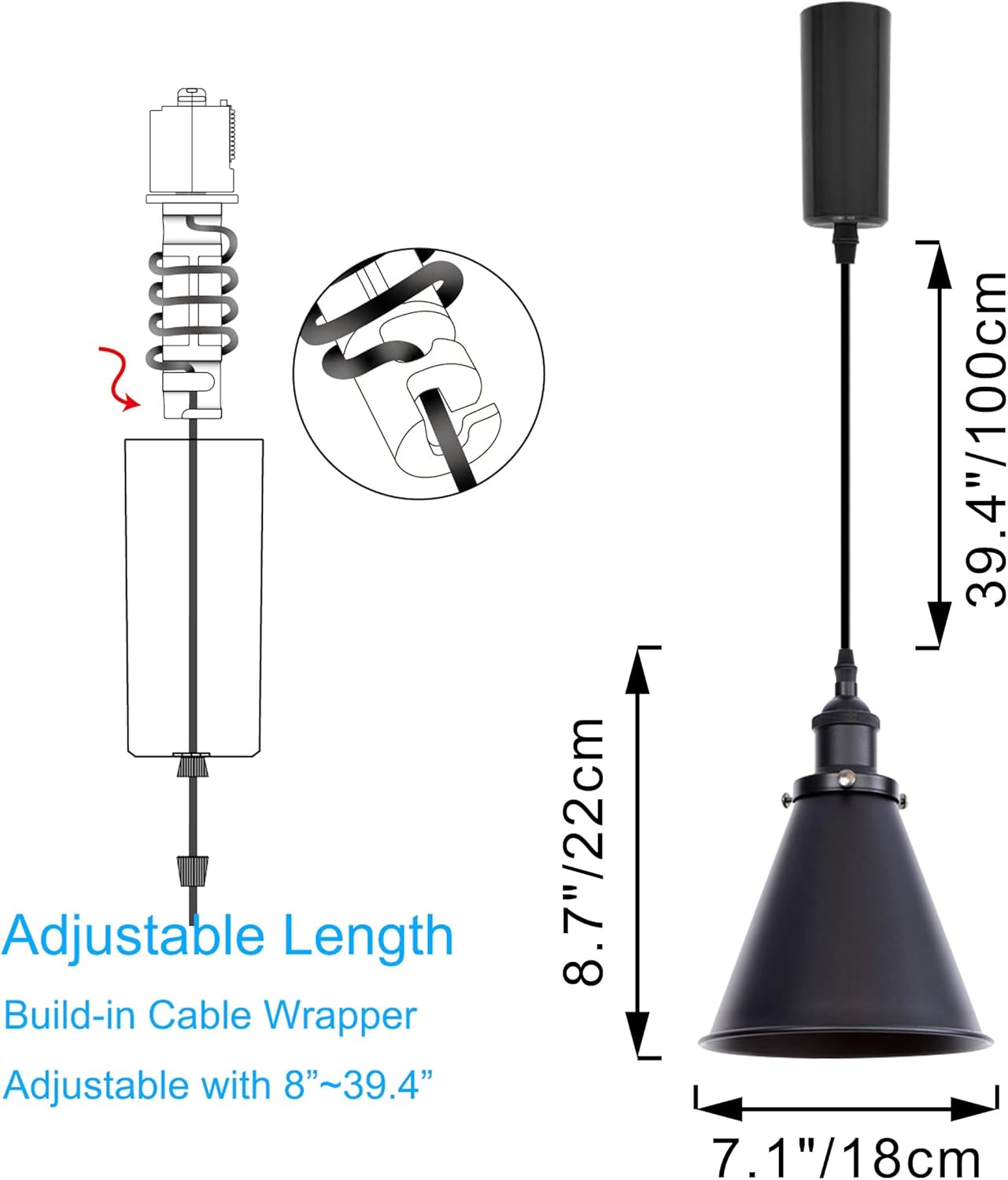 Kiven J-Type Track Lighting Adjustable Length, 3 Pack Modern Juno Track Pendant Light with Built-in Cable Wrapper, J Track Light Pedant Adjustable Length for Bedroom Kitchen Shop,Black Finish