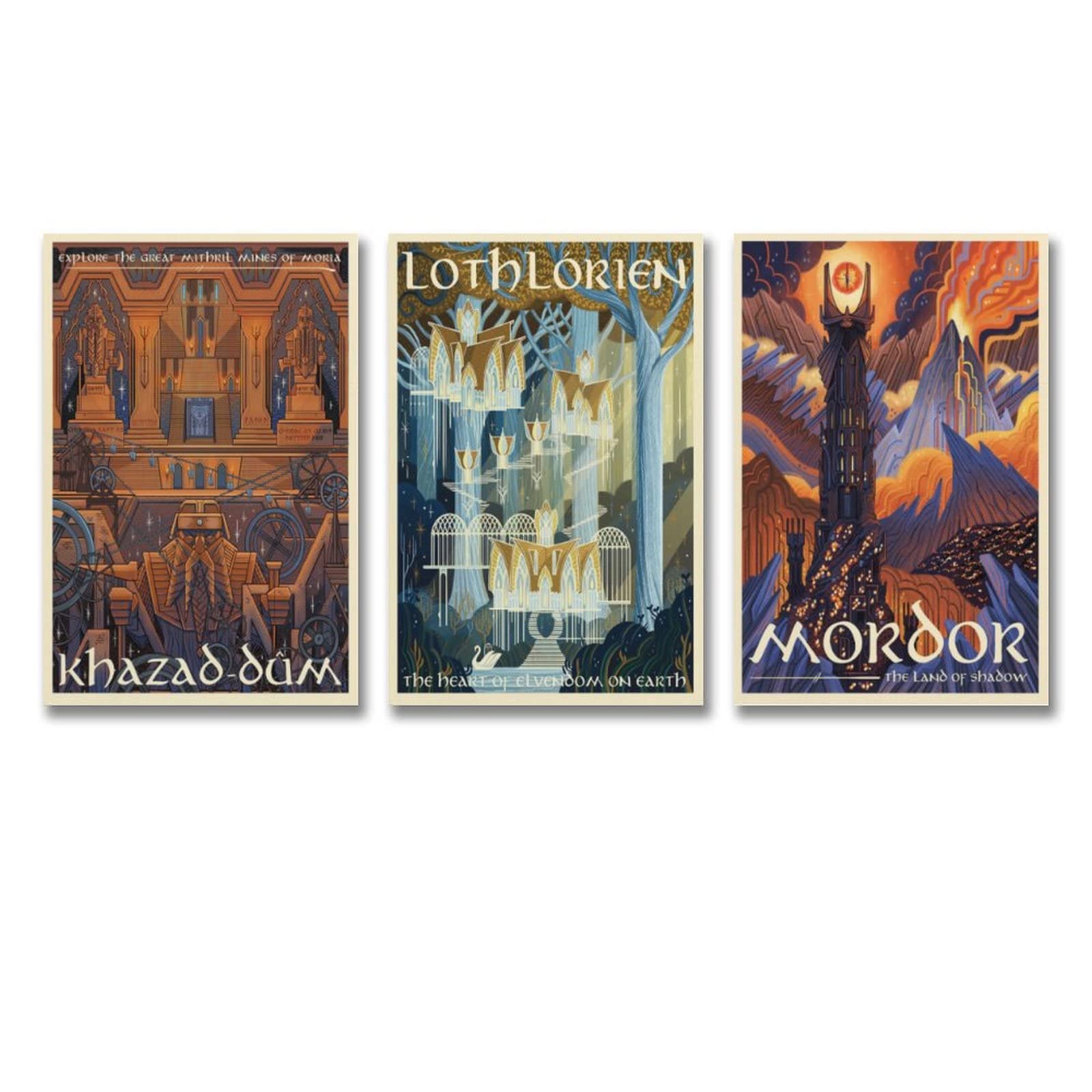 Mordor Signore degli Anelli Hobbit Film Vintage Art Viaggi su Tela - Set di 3 poster in Lotto Stampa Fotografica Quadro Tela Poster Decorazione Moderna per la Casa 50 x 75 cm