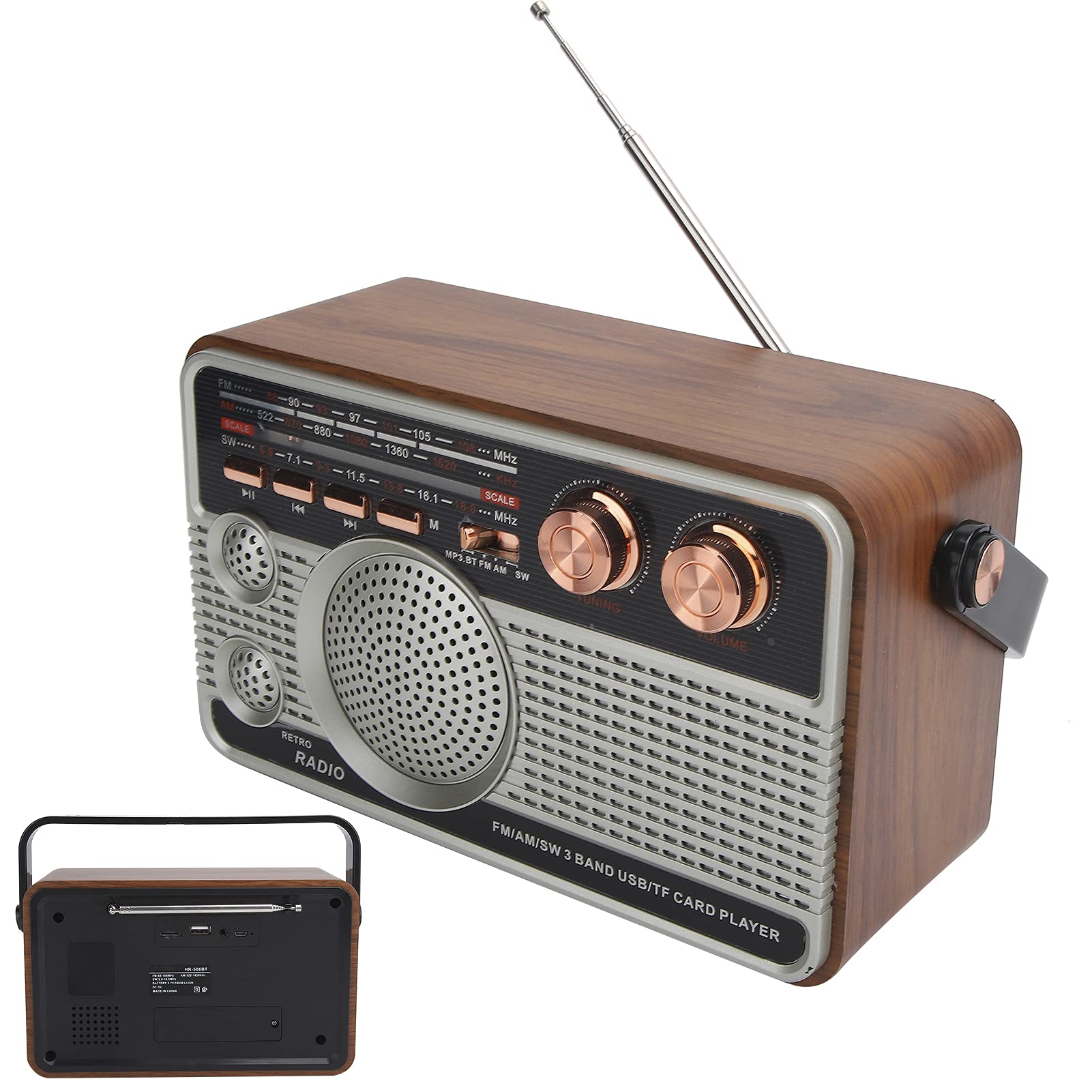 Radio portátil Am/FM/SW, conexión Bluetooth Radio a Pilas Soporte para Altavoz USB Disco U y Tarjeta de Memoria Radio Profesional de Onda Corta de 3 Bandas con asa, batería de 1200 Mah