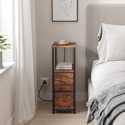 Miniatura 8 de TUTOTAK Mesa auxiliar estrecha pequeña con estación de carga, juego de 2, mesa auxiliar con tomas, mesita de noche con 2 cajones de tela, mesa de