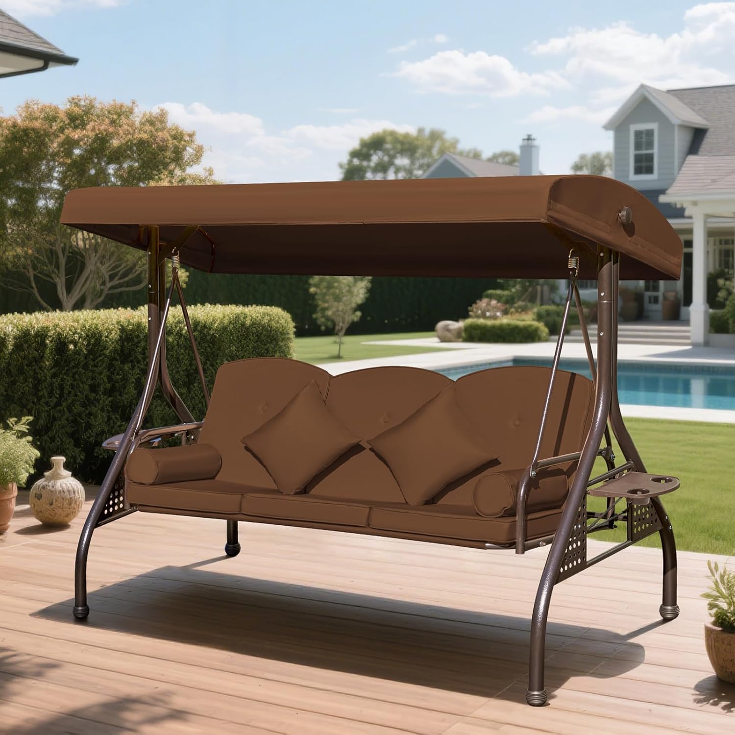 3-seat Patio Swing with Canopy,Convertible Outdoor Swing Bed with Thick Cushions, Pillows & Cup Holders, 3-Seat Outdoor Swings Chair for Backyard, Garden, Deck(Red)