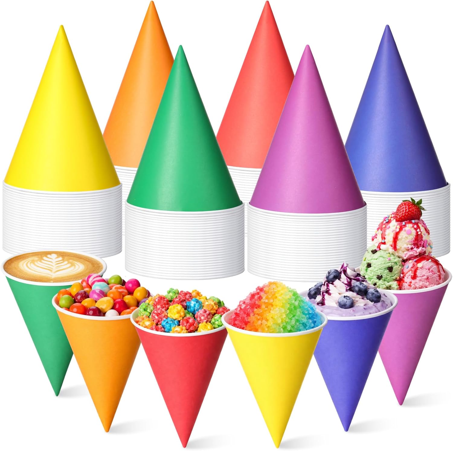 Honeydak 50 Pcs Snow Cone Cups 6 oz Disposable Rainbow Paper Cone Cups, 6 Bright Colors, Slush Shaved Ice Cream Sorbet for Carnivals Party