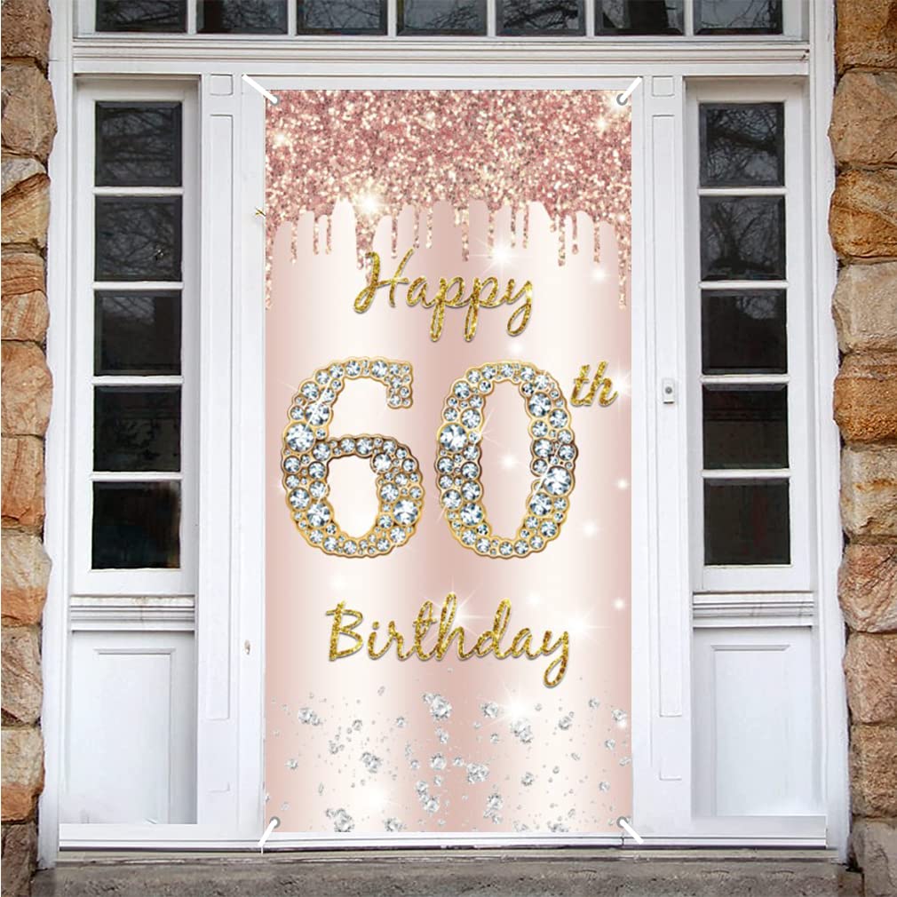 60th Birthday Decoration for Women, Happy 60th Birthday Backdrop Banner Rosegold Fabric Sign Poster, Woman 60th Birthday Door Banner Party Welcome Sign