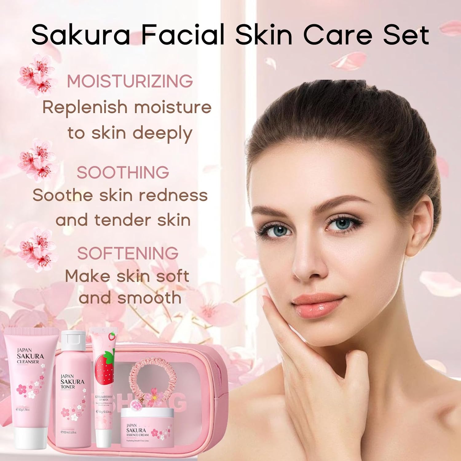 Cherry Blossom Skincare Set Women Gifts - Skin Care Set Hydrating - Skincare for Girls 10-12 Moisturizing - Travel Kit with Cleanser,Toner,Lip Mask,Cream(One Size, Cherry Blossom 6PCS Scent) - Image 3