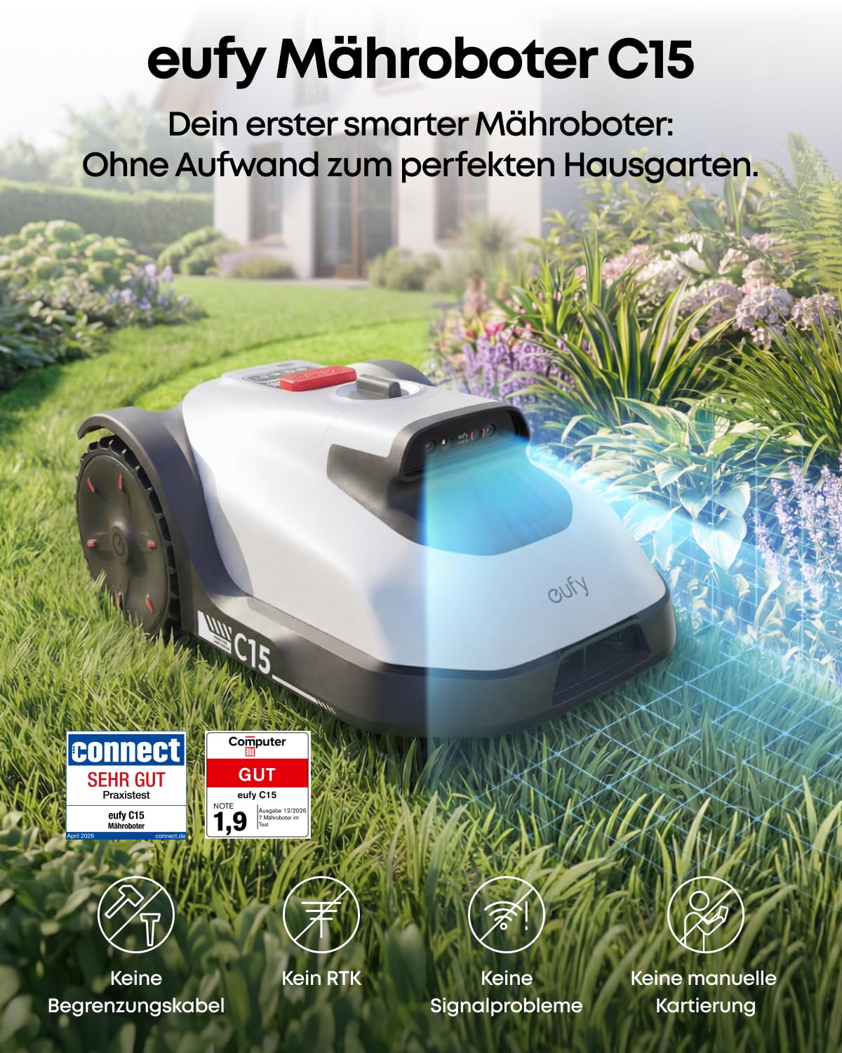 eufy Mähroboter C15 Set mit Garage & Ersatzklingen, ohne Begrenzungskabel | Bis zu 500m², TrueVision, keine Signalprobleme, Auto-Kartierung, igelsicher, intelligente Navigation, präzises Randmähen