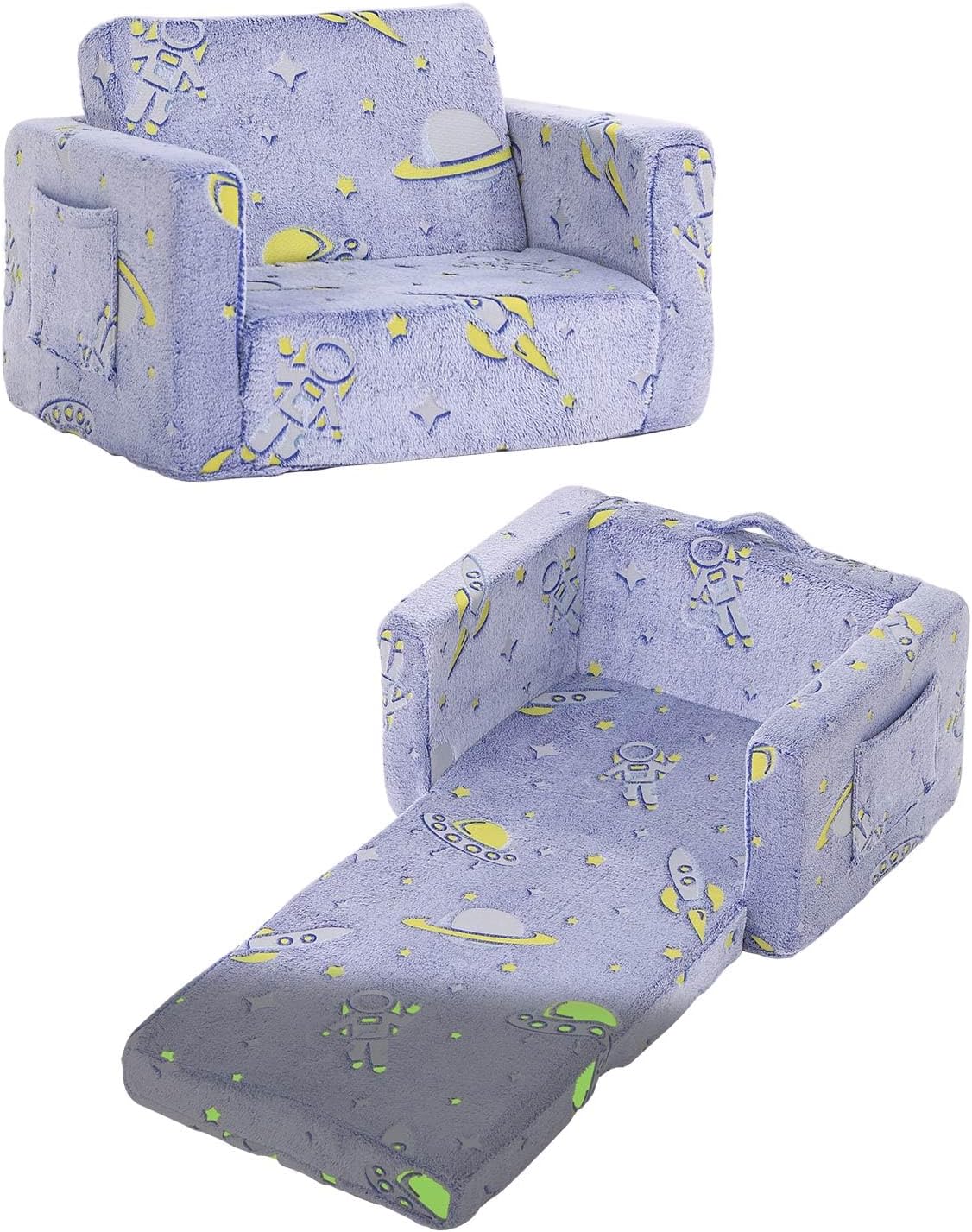 TIITAKids Sofa, 2-in-1 Kids Sofa Chair, Convertible Children Couch to Lounger, Flip Out Kids Sofa Chair, Toddler Armrest Chair Bed, Folding Kids Play Sofa for Girl or Boy(Blue Astronauts)
