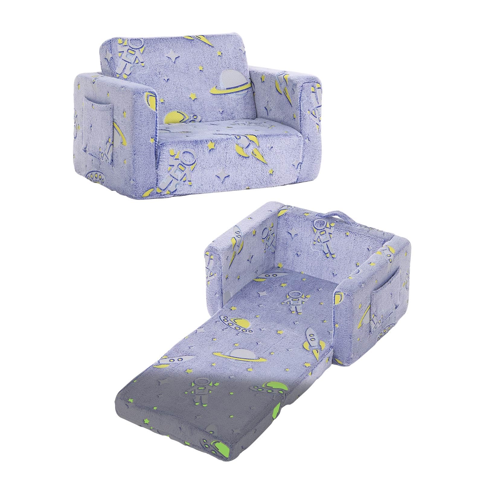 TIITAKids Sofa, 2-in-1 Kids Sofa Chair, Convertible Children Couch to Lounger, Flip Out Kids Sofa Chair, Toddler Armrest Chair Bed, Folding Kids Play Sofa for Girl or Boy(Blue Astronauts)