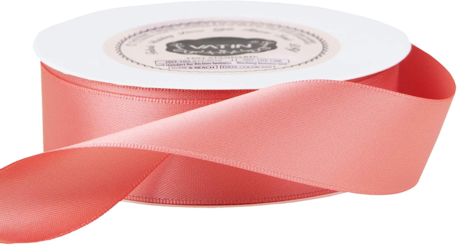 VATIN Double Face Light Coral Satin Ribbon 1" Continuous 25 Yards,Coral Polyester Fabric Ribbon use for Bows Bouquet, Gift Wrapping, Floral Arrangement Wedding Decoration