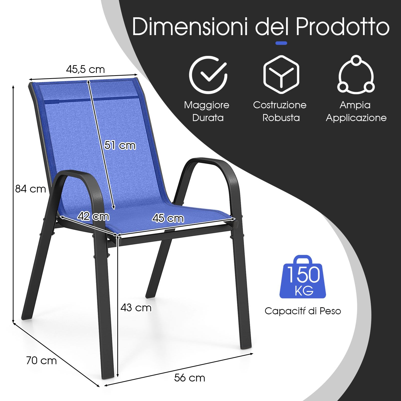 GYMAX Set di 2/4 Sedie da Giardino Impilabili con Tessuto Resistente alle Intemperie, Poltroncine da Esterno in Metallo per Giardino, Cortile, Portata 150 kg, 56 x 70 x 84 cm (Blu, 4 Pezzi)