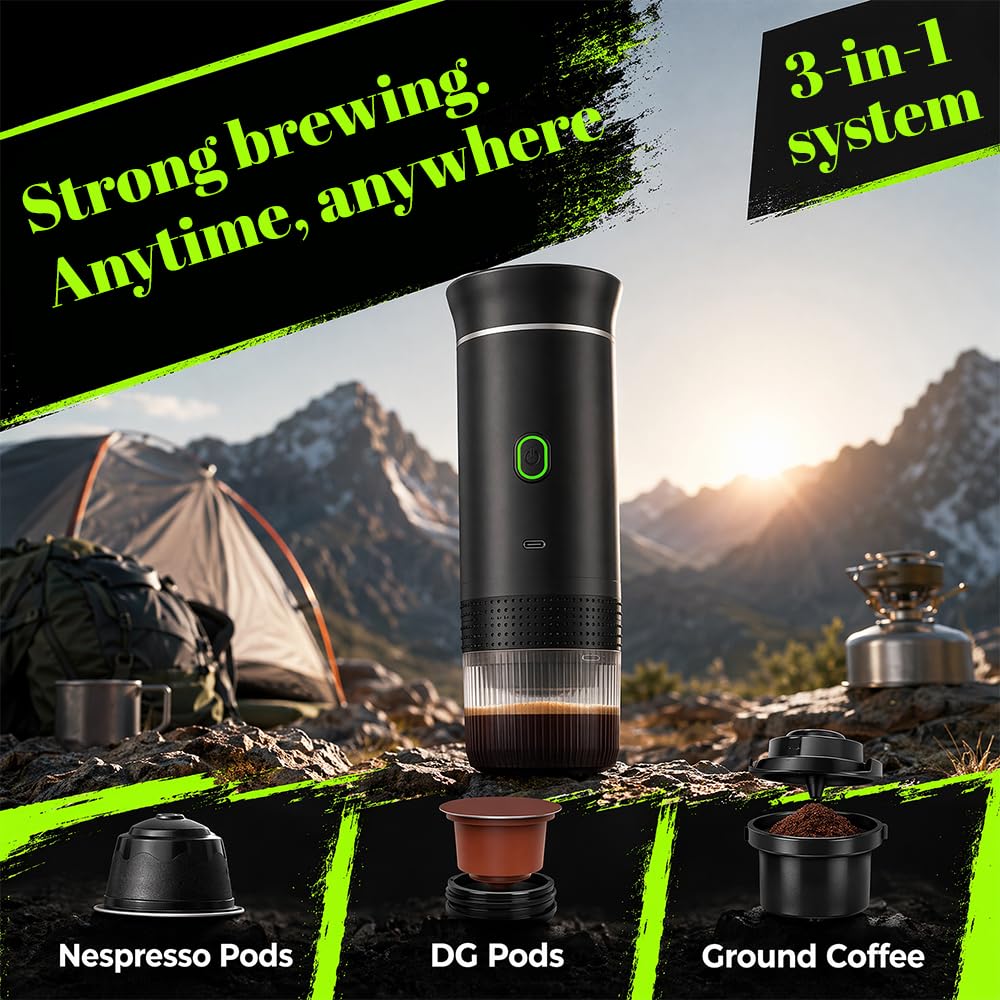 Macchina da caffè portatile, 3 in 1, a batteria, con USB, per campeggio, auto, viaggi, mini macchina da caffè compatibile con capsule e caffè macinato
