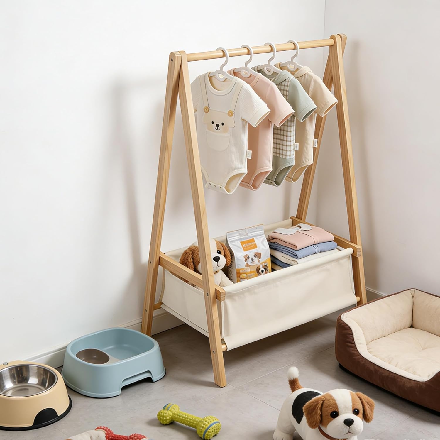 Baby Clothing Rack for Baby Shower, Pets Clothes Rack with Storage Box & Hanging Rod for Dogs/Cats, Mini Dolls Closet Rack, Wooden Baby Shower Rack for Nursery Room (Natural)