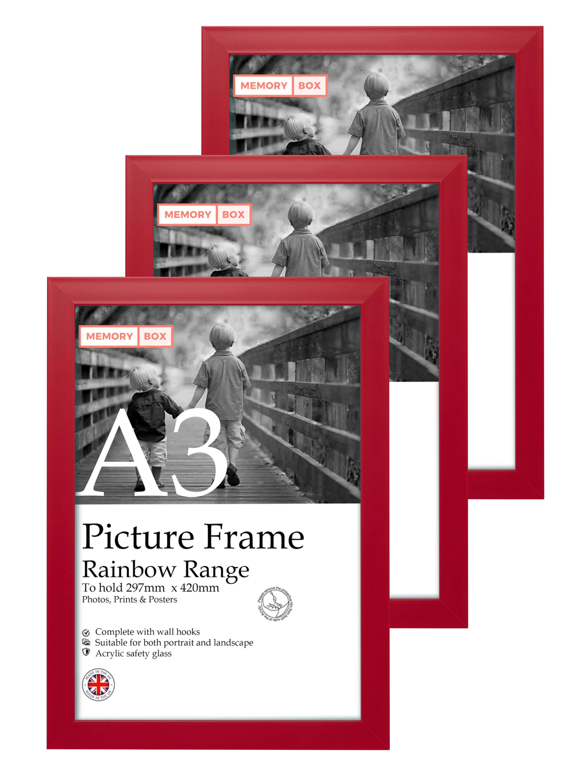 A3 Red Gloss Picture Frame Set of 3, Perfect for Displaying A3 Picture Gallery Walls, Posters, Photos, Artwork, or Prints, Red Gloss