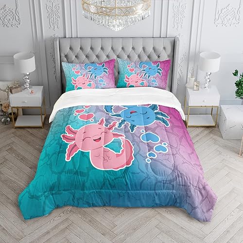 Miniatura 2 de HOSIMA Axolotl - Juego de edredón Kawaii con patrón de ajolote rosa y azul, para decoración de dormitorio de niños, juego de cama individual para