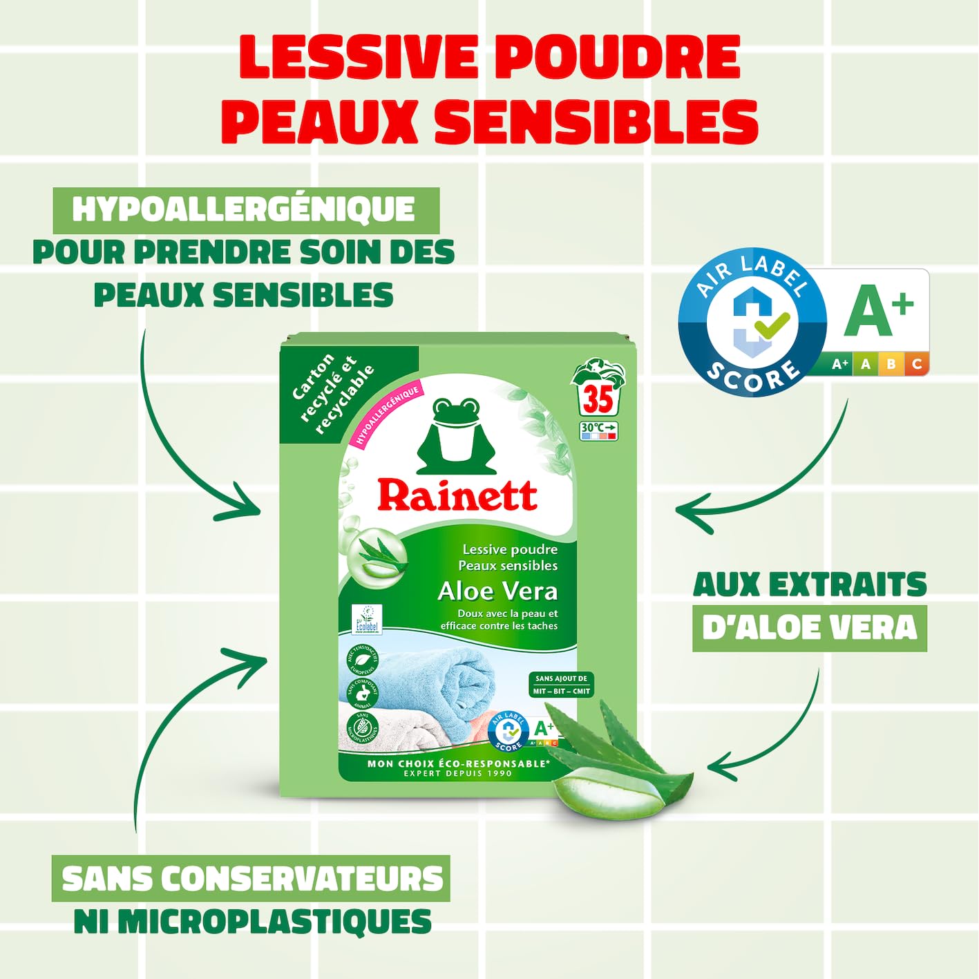 RAINETT - Lessive Poudre Peaux Sensibles - Formule Hypoallergénique - Tensioactifs d'Origine Végétale - Carton Recyclé & Recyclable - Ecolabel - Aloe Vera - 35 Lavages - 2,345 kg