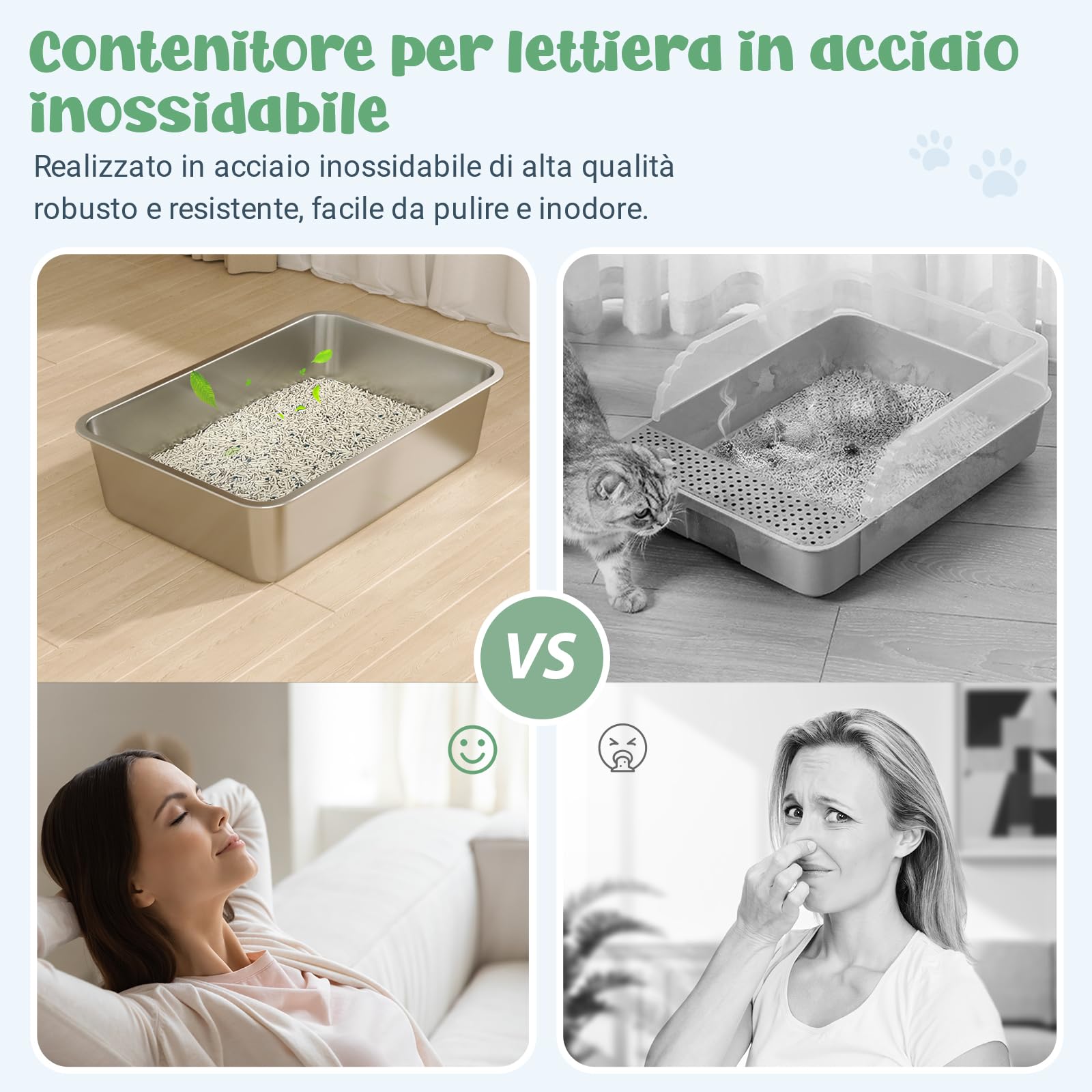 WENBOKMIN Vaschetta per lettiera in acciaio inossidabile,60 x 40 x 15 cm | La lettiera metallica per gatti ha una superficie liscia e antiaderente, è facile da pulire e di lunga durata.