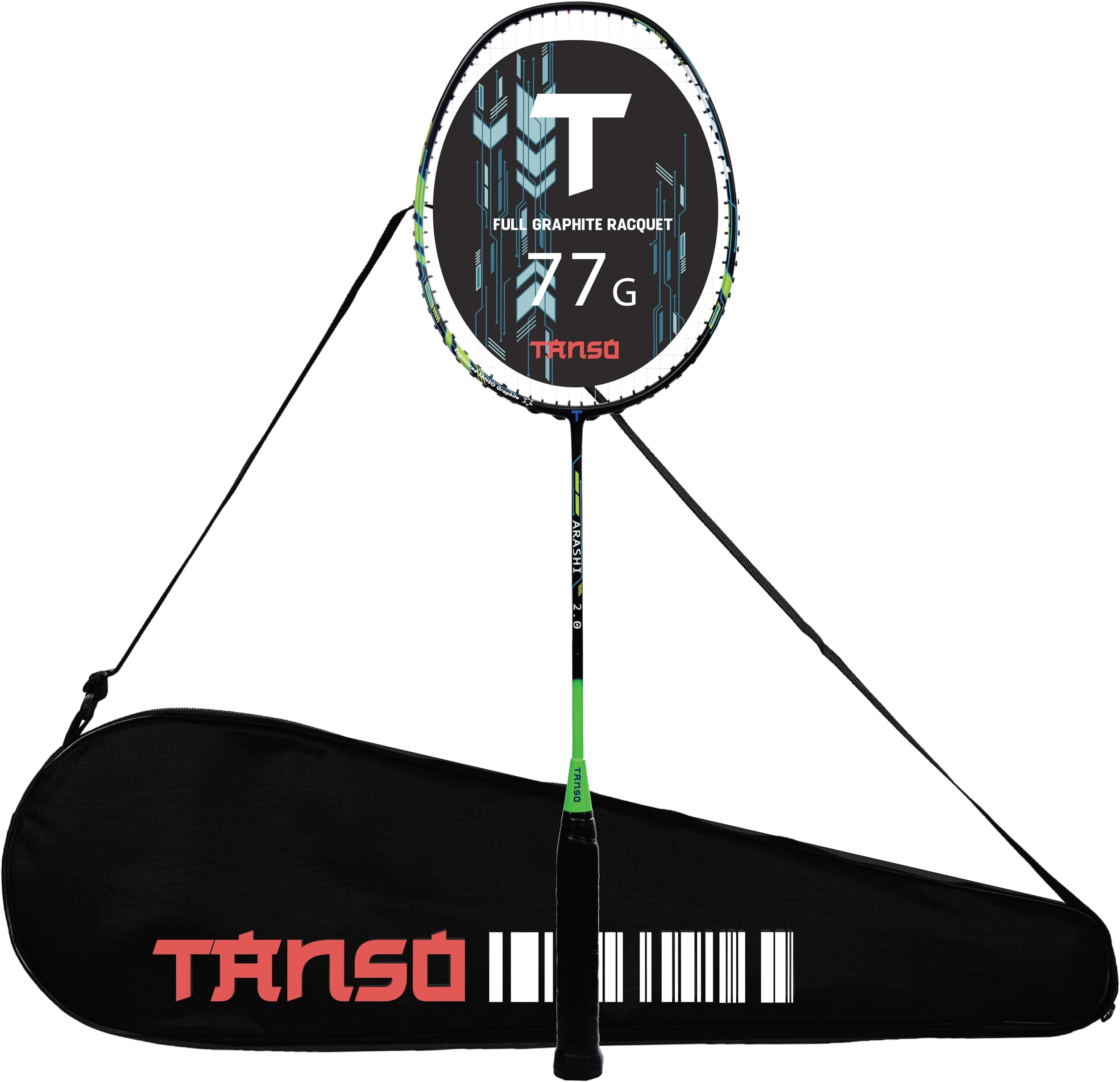 TANSO Arashi 2.0 Full Graphite Ultra Light Weight Carbon Fibre Strung Badminton Racket with Free Full Racquet Cover (77 Grams, 32 Lbs Tension, Strung with Premium Strings) (Green)