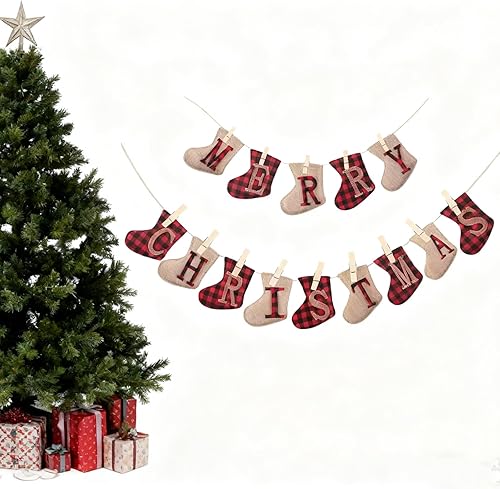 Miniatura 8 de Cartel de arpillera de Feliz Navidad, decoración navideña en forma de calcetín, decoración colgante para interiores y exteriores, decoraciones