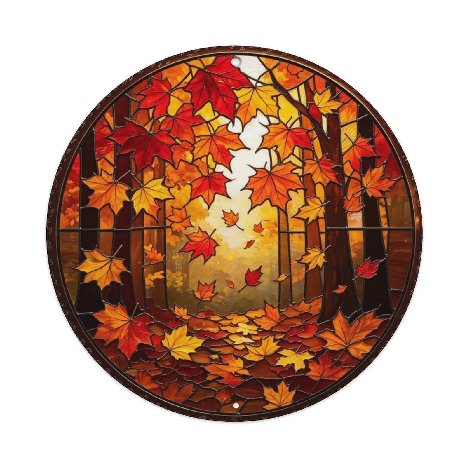 Autumn Maple Leaves Falling Forest Stained Glass Metal Tin Sign Plaque