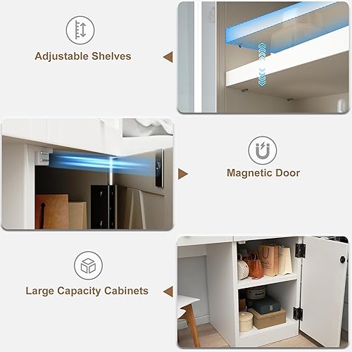 Miniatura 9 de Tocador de maquillaje estilo granja con luces y espejo deslizante, mesa de tocador con superficie de cristal y estación de carga, almacenamiento