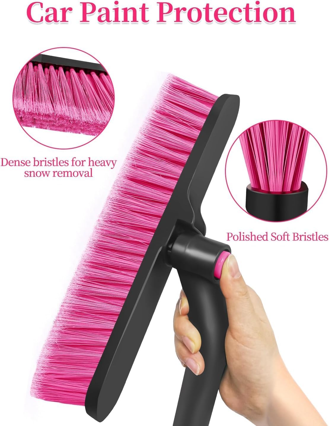HEEYA 12.6 Inch Large Brush Head with Ice Scraper, Extendable Car Scraper Snow Brush for Car Window Windshield, Portable Snow Scraper for SUV Truck Vehicle Automobile - Pink