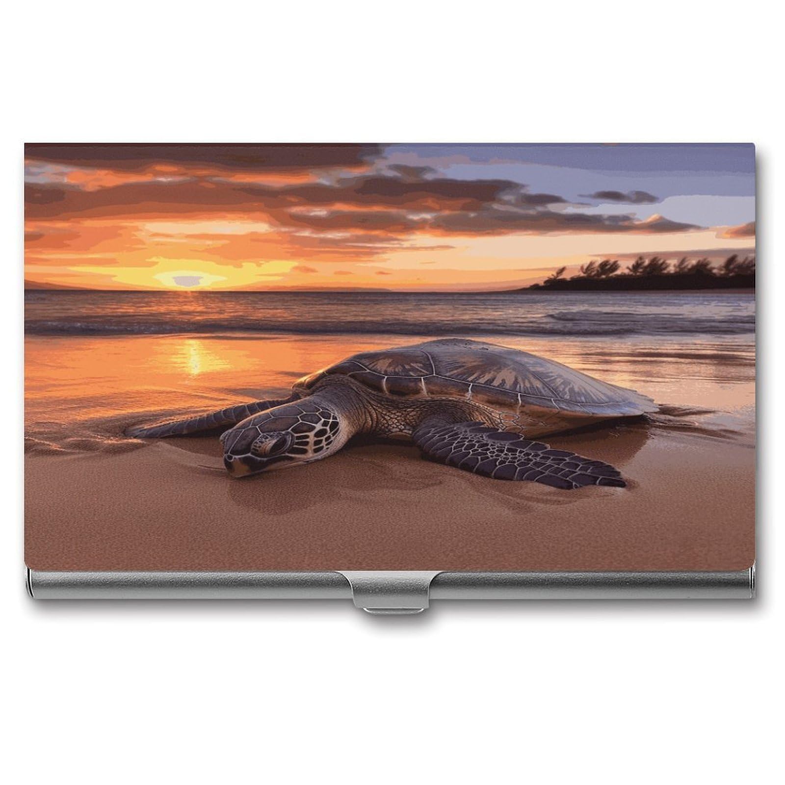 LDGSUPH Sea Turtle Sunset Business Card Holder Fashion Slim Name Card Holder Minimalist Design Case Metal Card Carrier Personalized Business Card Case with Flip for Men Women
